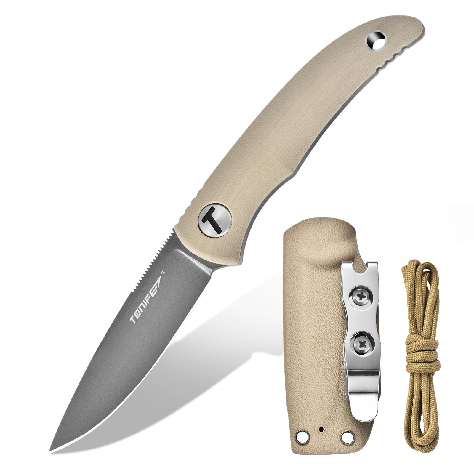 TONIFE Nova 2.68'' Blade Mini Neck Knife Knife Full Tang Fixed Blade Knife with Kydex Sheath and Adjustable Paracord Lanyard for Camping Outdoor Survival Tool (Warm Sand+Gray Titanium)