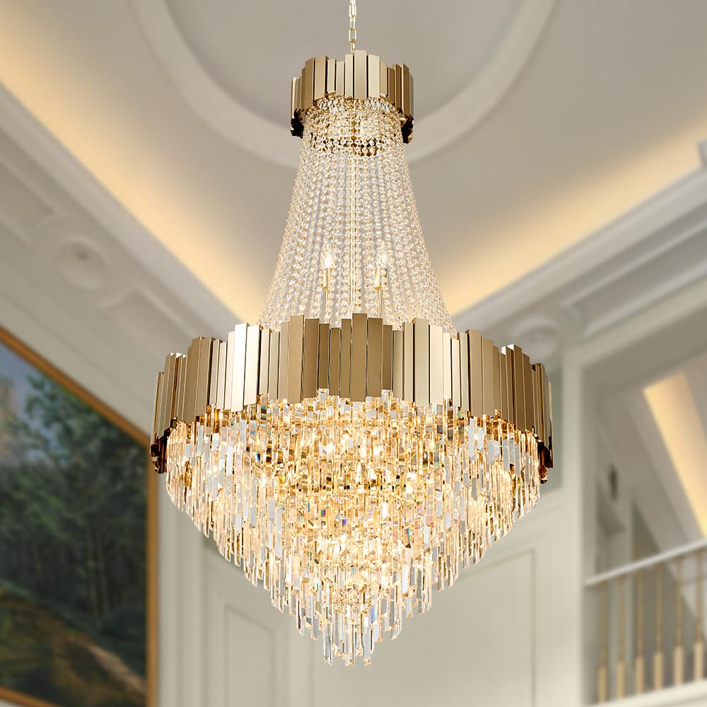 Condition photo showing New/Like New for crystal chandeliers for high ceilings 27-light modern chandelier large gold chandelier light fixture for foyer,living room,dining room,entryway width-35.8 inch