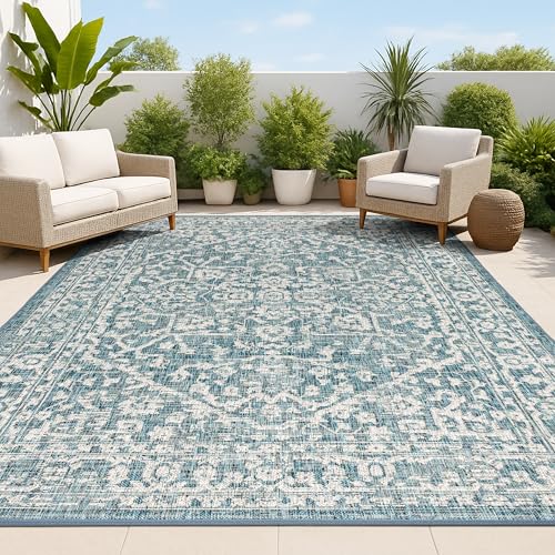 JONATHAN Y Boho Medallion Indoor Outdoor Area Rug 8X10 Teal/Gray, Malta Textured Weave for Backyard, Patio, Porch, Easy-Cleaning, High Traffic, Pet-Friendly, Non-Shedding (SMB104B-8)