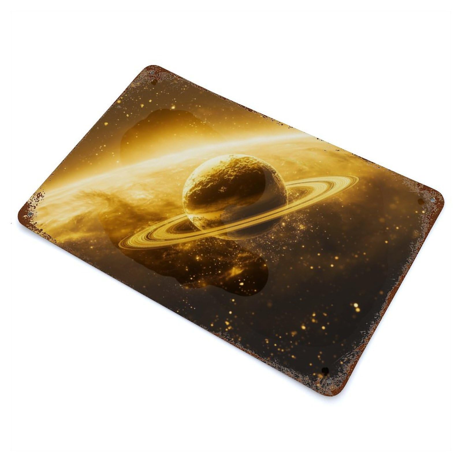 Rust Effect Golden Saturn Aged Metal Wall Plaque 11.8"x7.9", Farmhouse Wall Decor for Office, Studio And Wall Decor