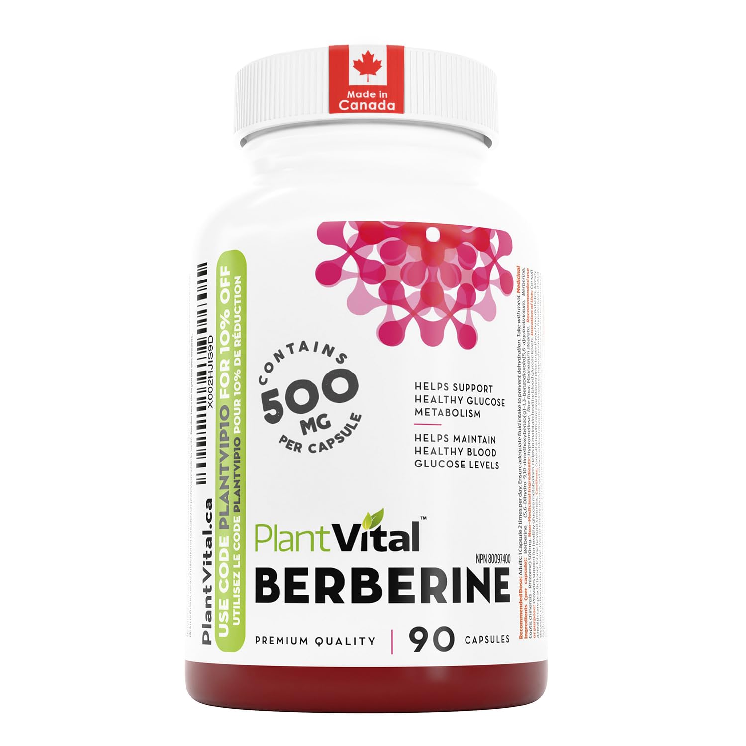 PlantVital Berberine - Made in Canada - 1000mg Max Strength Supplement (2 caps) - Supports Blood Glucose Levels & Glucose Metabolism Health - Vegan, Non-GMO Berberine Supplements, 90 Capsules