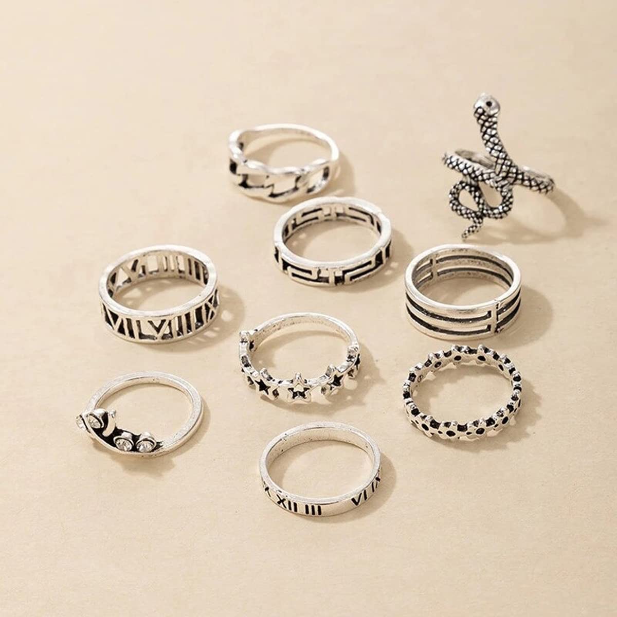 Silver Plated Snake Stackable Rings Set of 9