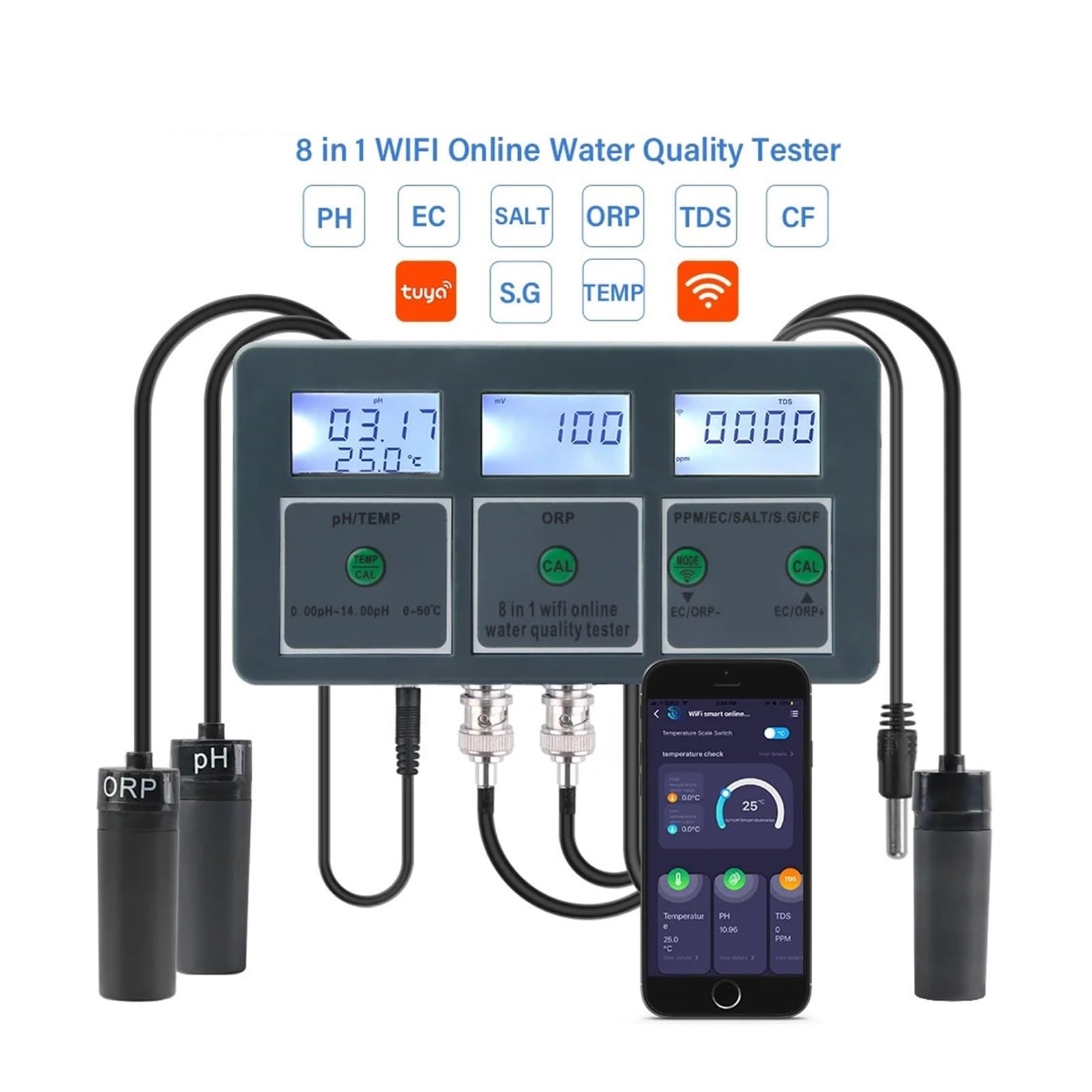 Kit de análisis de suelo, Medidor de calidad del agua for acuario Tuya con WiFi 8 en 1, medidor intelinte de pH, ORP/TDS/EC/SALT/TEMP, monitor for agua potable y piscina.