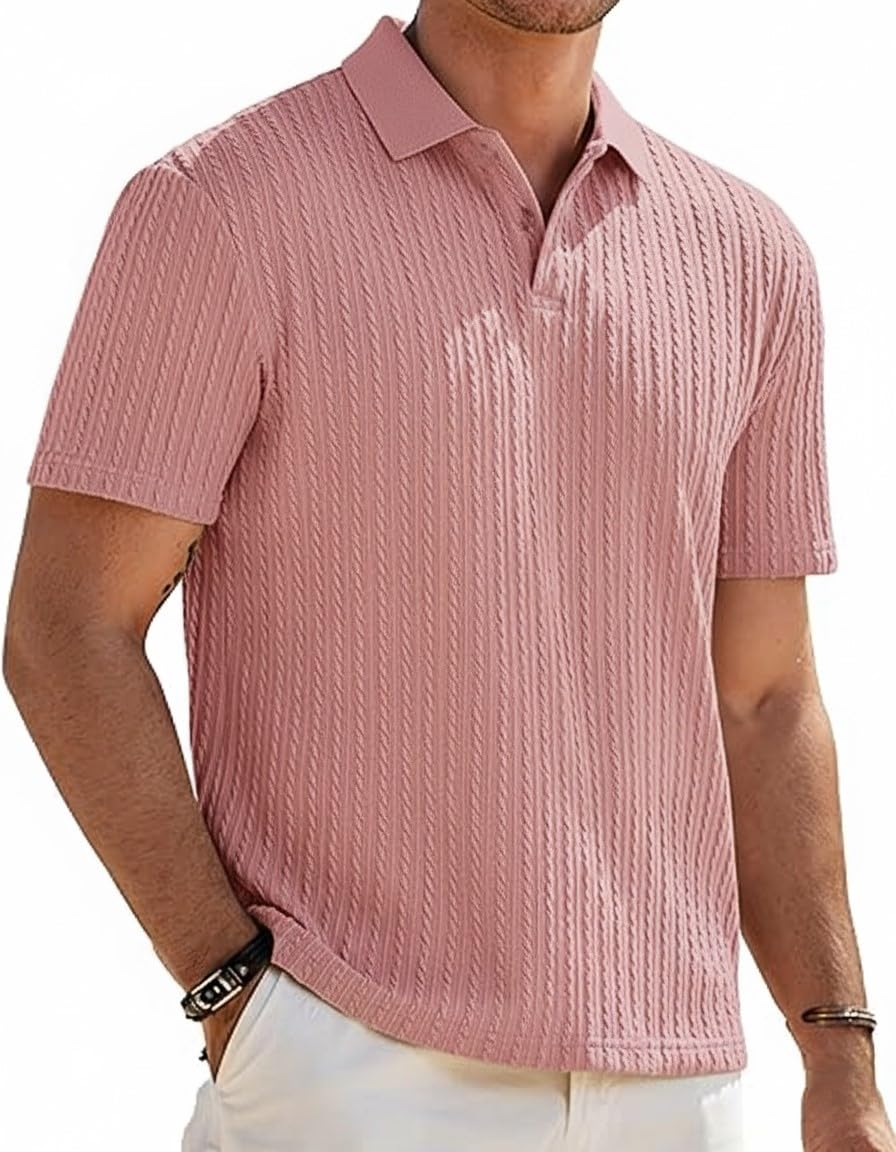 Men's Textured Polo Shirts Short Sleeve Slim Fit Casual Button Polo T-Shirt Summer Collared Golf Shirt-picture-24
