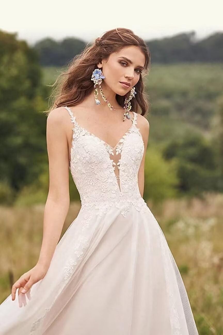 Damen Tüll Brautkleid Elegant Hochzeitskleider mit Spitze Lang Glitzer V-Ausschnitt Trauung Kleid Ärmellos