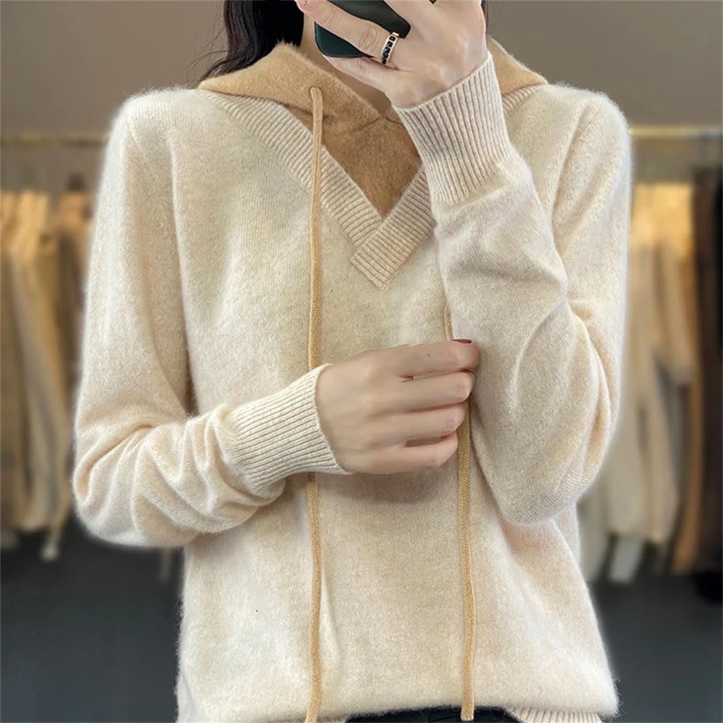 Women's Fall Winter Hooded Sweater Casual Loose Long Sleeve Drawstring Pullover 100% Wool Soft Knitted Coat