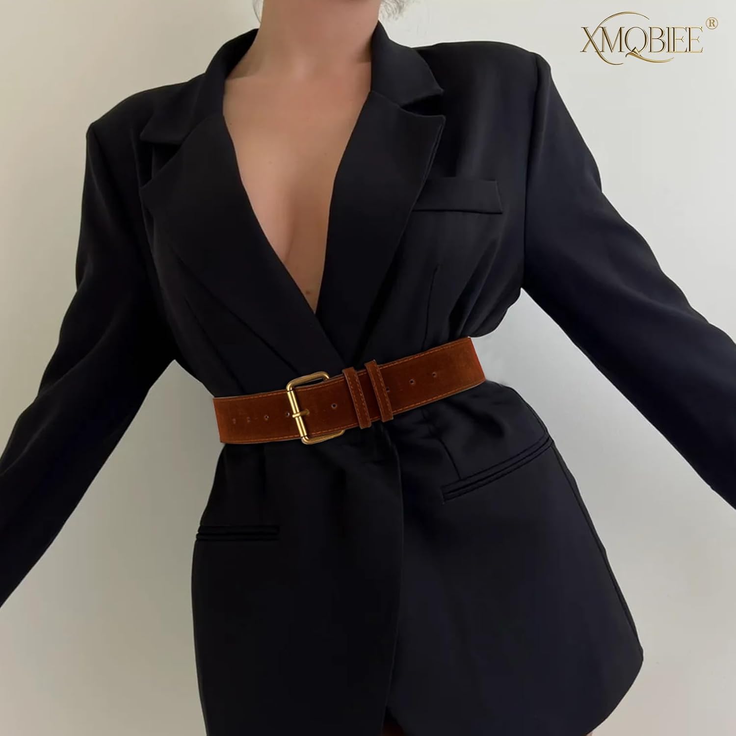 Women's Wide Suede Leather Belt - Brown Fashion Waist Belt with Gold Silver Buckle for Dresses Jeans Coats - Image 5