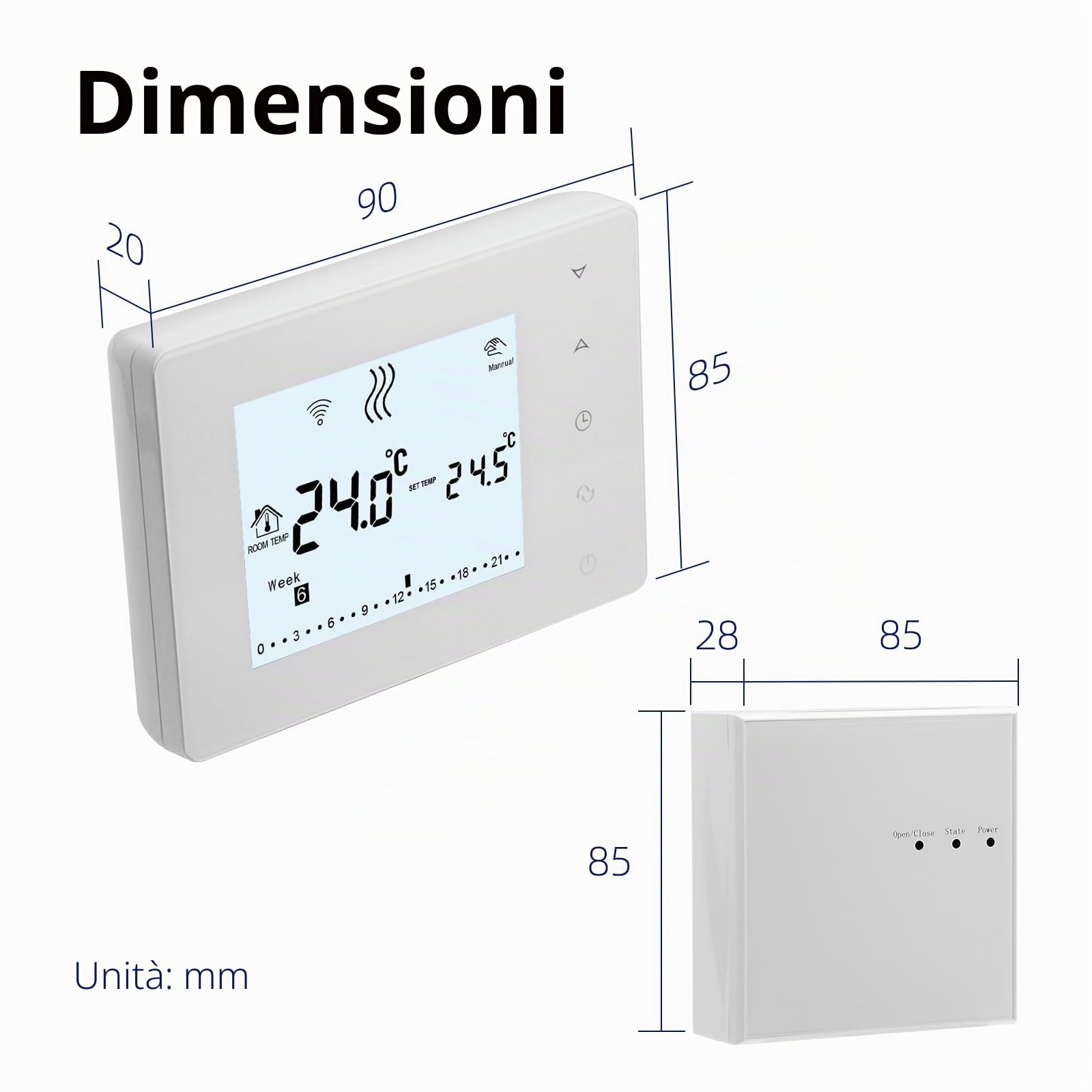 Beok BOT-X306 Termostato wireless programmabile per caldaia a gas alimentato a batteria con ricevitore a parete o separato, bianco