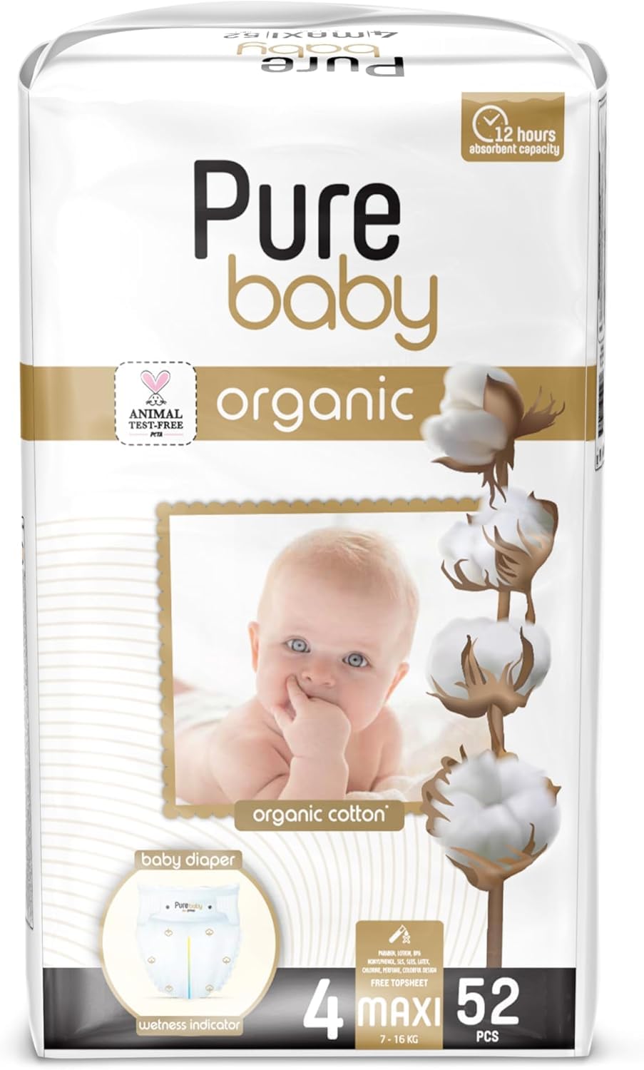 Baby Diapers with Organic Cotton Core Size 4, 7 to 16 kg, Superior Absorption, 52 count