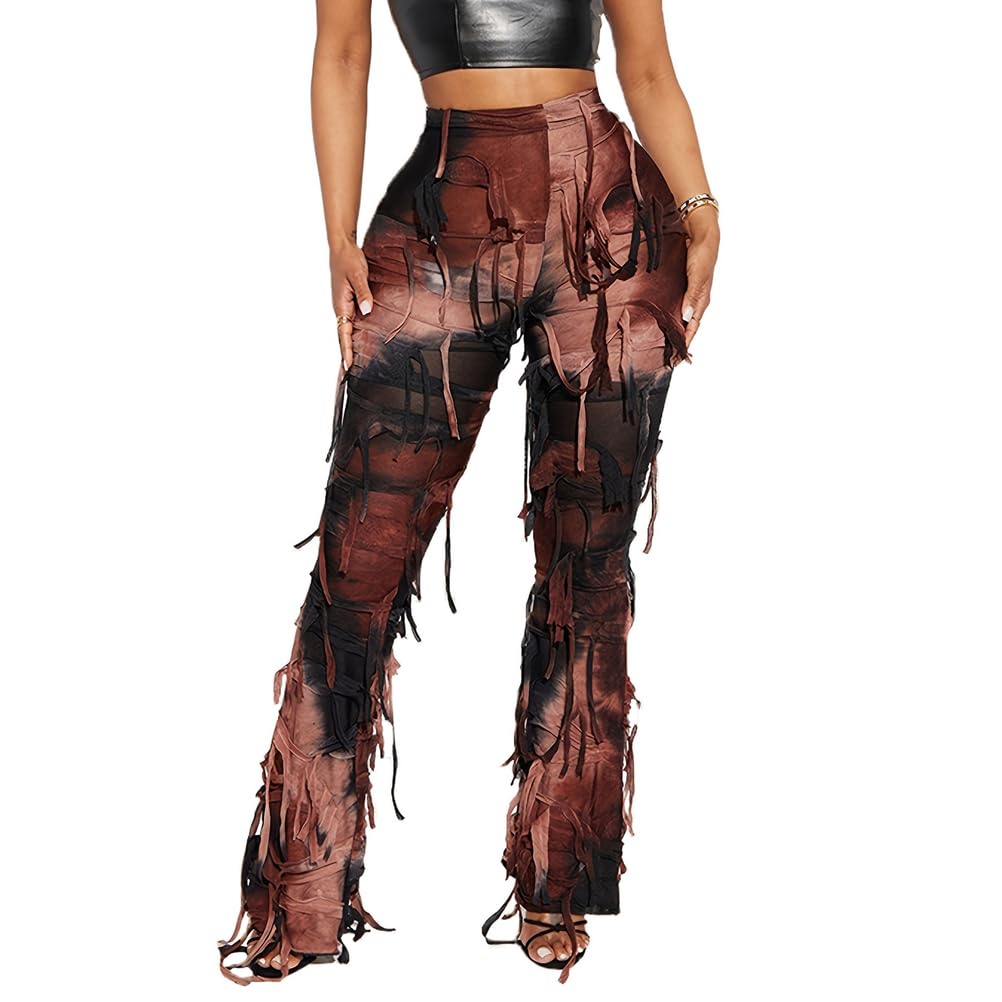 Womens Fashion High Waisted Ripped Bell Bottom Pants Tie Dye Slim Trousers with Tassel