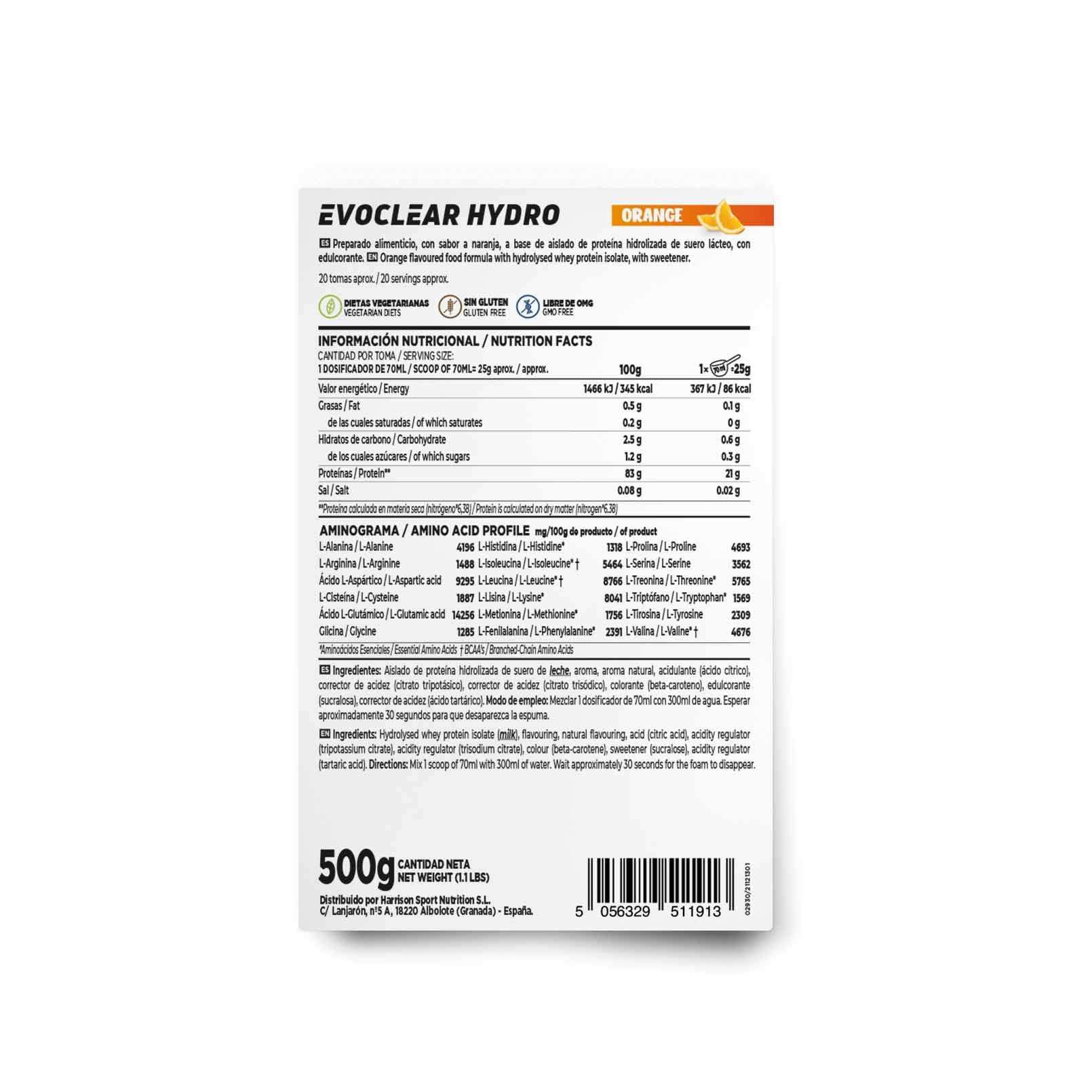 HSN Clear Whey Evoclear Hydro | Naranja 500g | Aislado de Proteína Hidrolizada de Suero de Leche | Textura Muy Ligera | No Incluye Dosificador | No-GMO, Vegetariana, Sin Gluten ni Soja