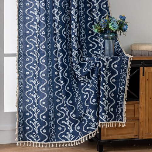 Image of Navy Blue Boho Curtains 45 Inch Long for Living Room, Bedroom, 2 Panels Floral Farmhouse Vintage Tassel Semi Sheer Light Filtering Privacy Window Curtain Drapes with Rod Pocket, Navy Blue
