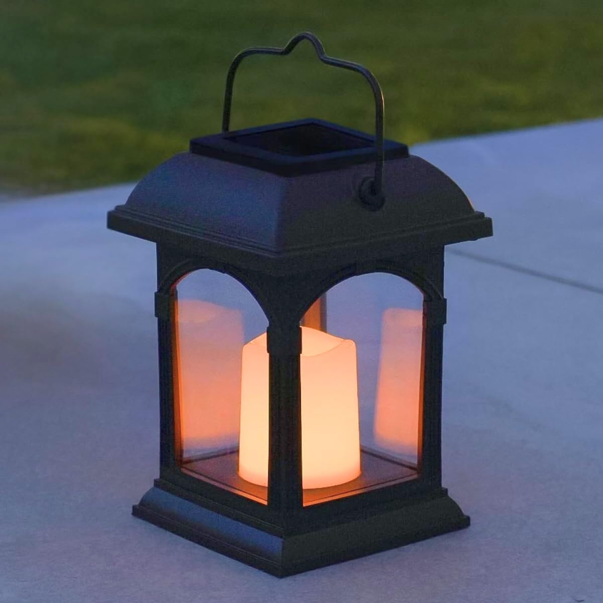 Festive Lights - 15cm Realistic Solar Power Candle Lantern – Black, Flickering Amber LED – Outdoor Hanging or Table Light – Waterproof Garden, Patio & Decking Decoration – IP44 Rated, Energy-Efficient