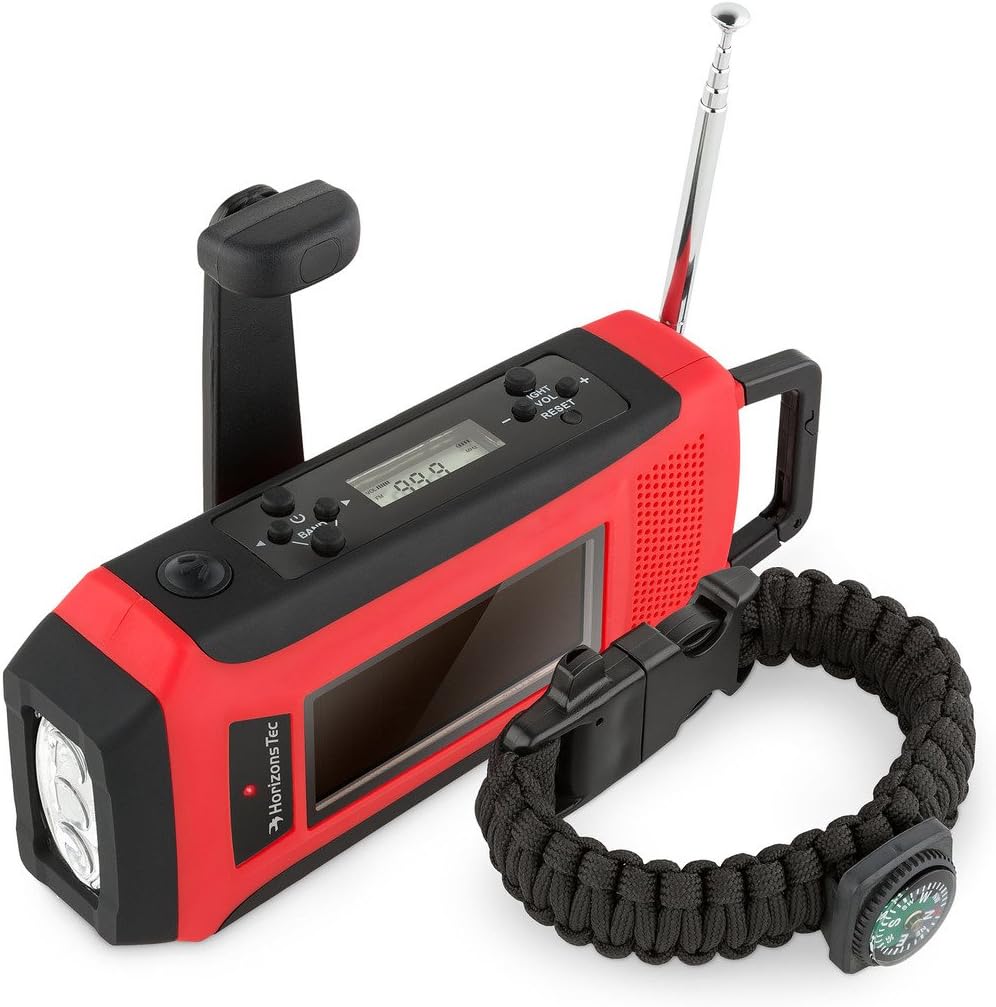 Horizons Tec HT-747 Emergency NOAA Weather Radio. Solar & Hand Crank Powered, Mobile Cell Phone Charger & Led Flashlight. Paracord Survival Kit Bracelet Magnesium Flint Fire Starter Compass Whistle