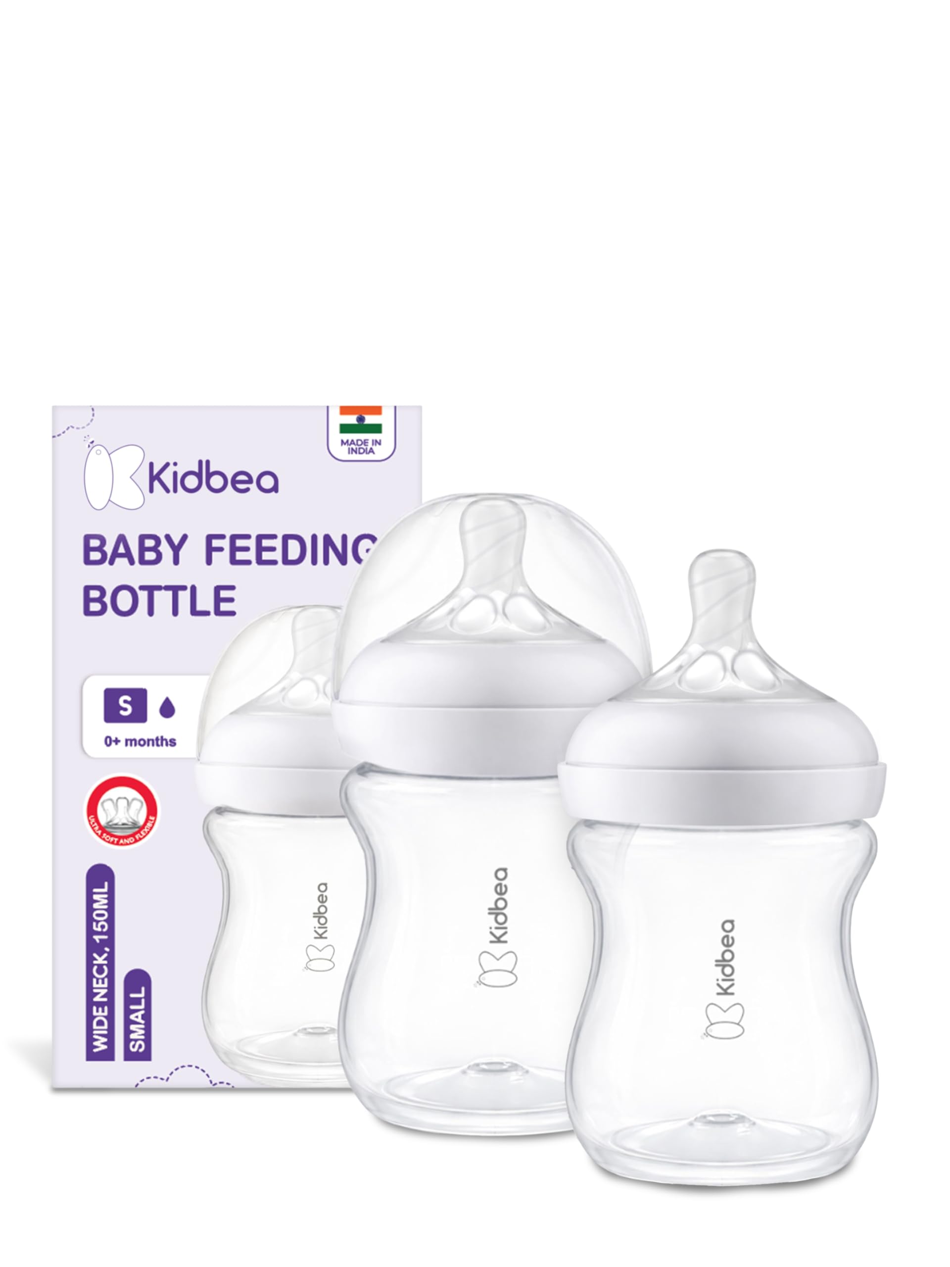 Kidbea Baby Plastic Feeding Bottle 150ml for Newborn 0+ Months, BPA Free Wide Neck with Natural Silicone Nipple, Anti Colic, Leak Proof, Milk Feeder (Pack of 2)-image-35