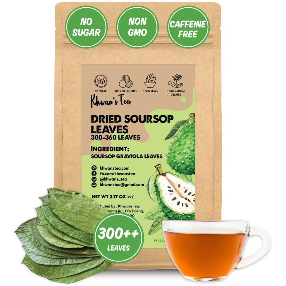 Khwan's Tea Té de hojas de guanábana premium, 300++ té de hierbas de hoja entera de guanábana, sin cafeína, sin azúcar, sin gluten, sabroso y rico