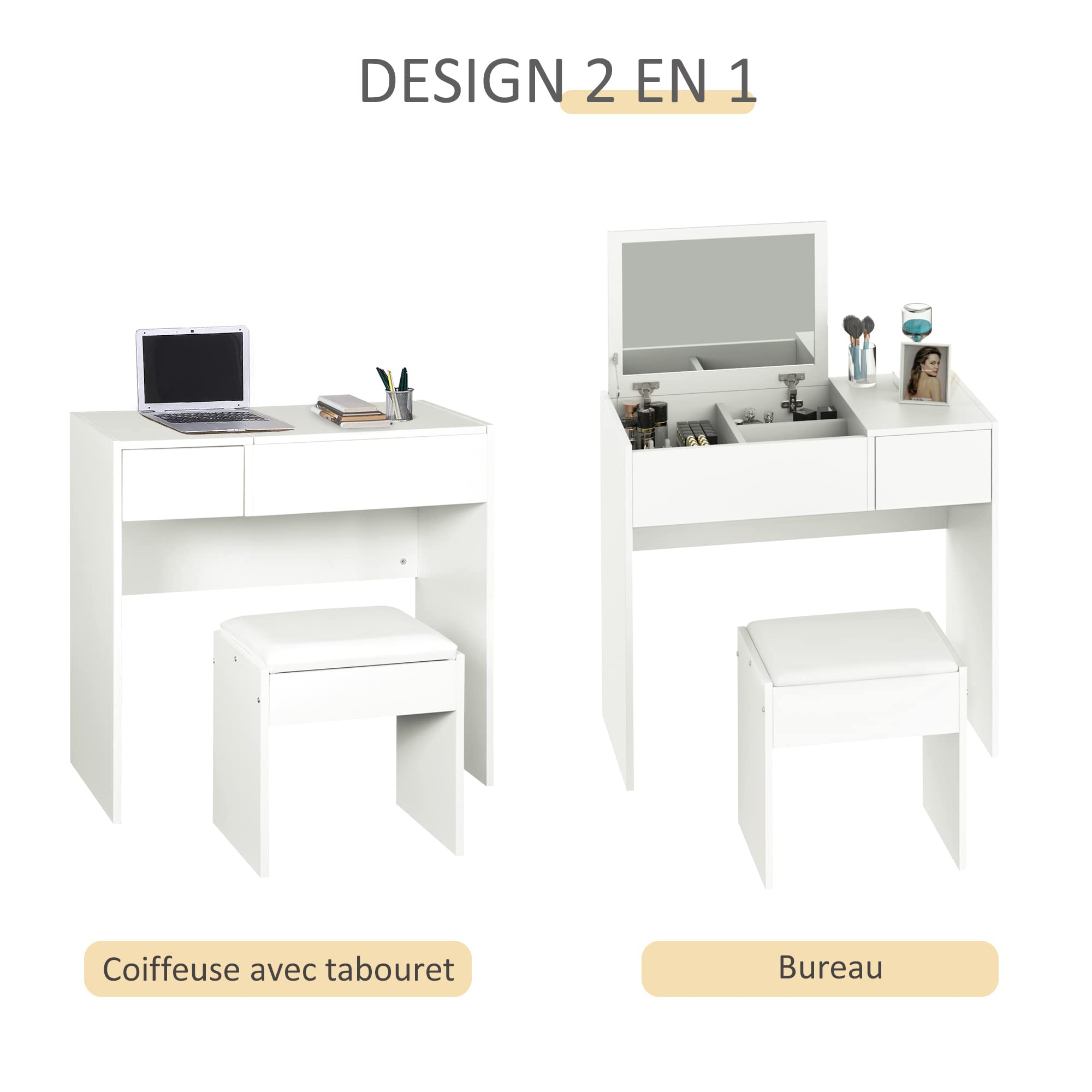 HOMCOM Make-uptafel met kruk, spiegel, inklapbaar, kist 2 laden, MDF HOMCOM Make-uptafel met kruk, spiegel, inklapbaar, kist 2 laden, MDF