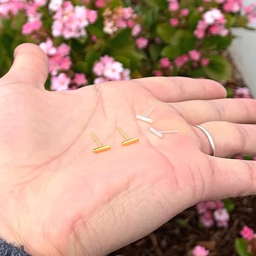 Miniatura 4 de Adabele Real Yellow Gold Plated Sterling Silver Tiny Stud Earrings Circle Dot Triangle Star Moon Bar Minimalist Hypoallergenic Nickel Free Women