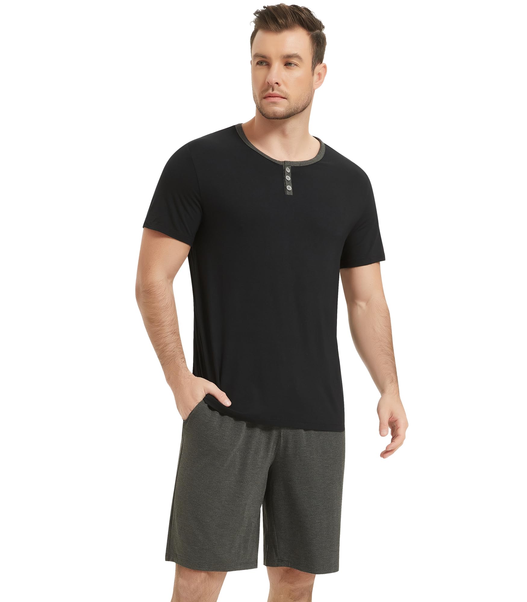NACHILA Men's Pajamas Set-Viscose Made from Bamboo, Soft Sleepwear Short Sleeve Pjs Top with Shorts Cool Loungewear