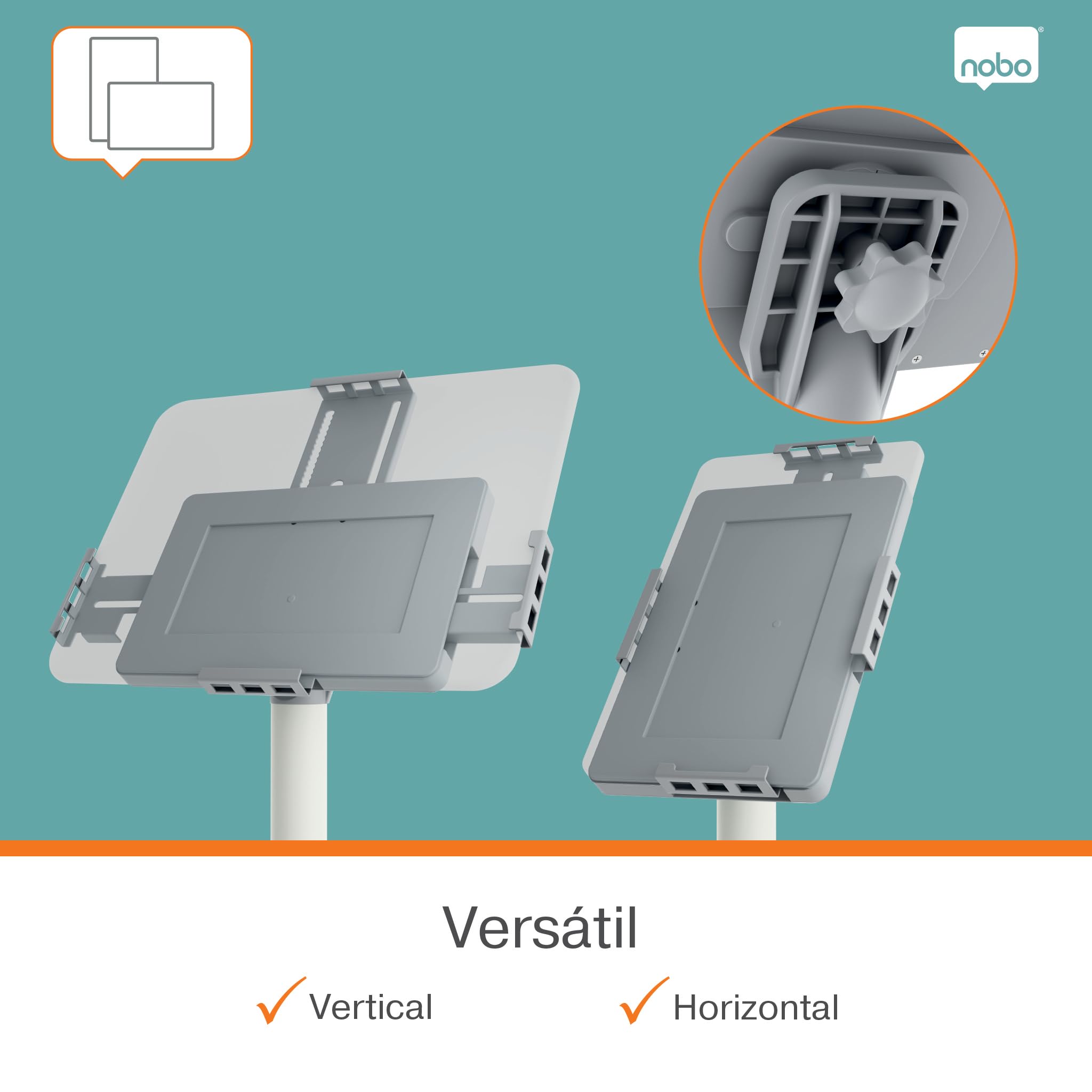Nobo Impression Pro Soporte de Suelo Tablet, ajustable y con cerradura | Tablets 9"-12,9", altura 690-1190 mm, rotación, gestión de cables, antirrobo, recepción, tienda, aula, blanco