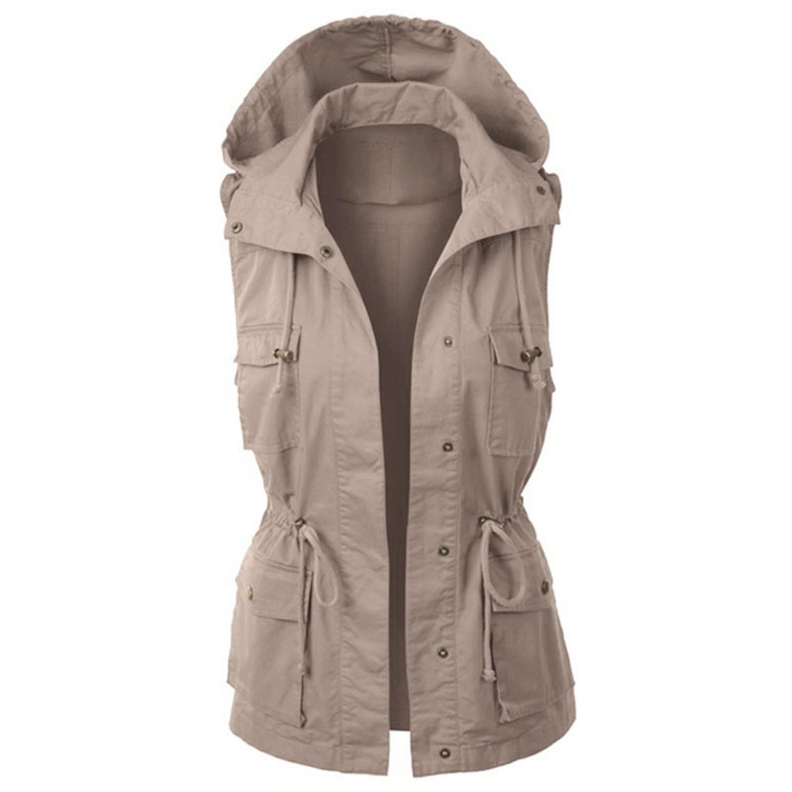 Womens Hooded Sleeveless Utility Vest, Lightweight Casual Military Style Gilet with Pockets, Water-Resistant Outdoor Jacket, Fashionable Drawstring Waistcoat for Women, Ideal for Hiking