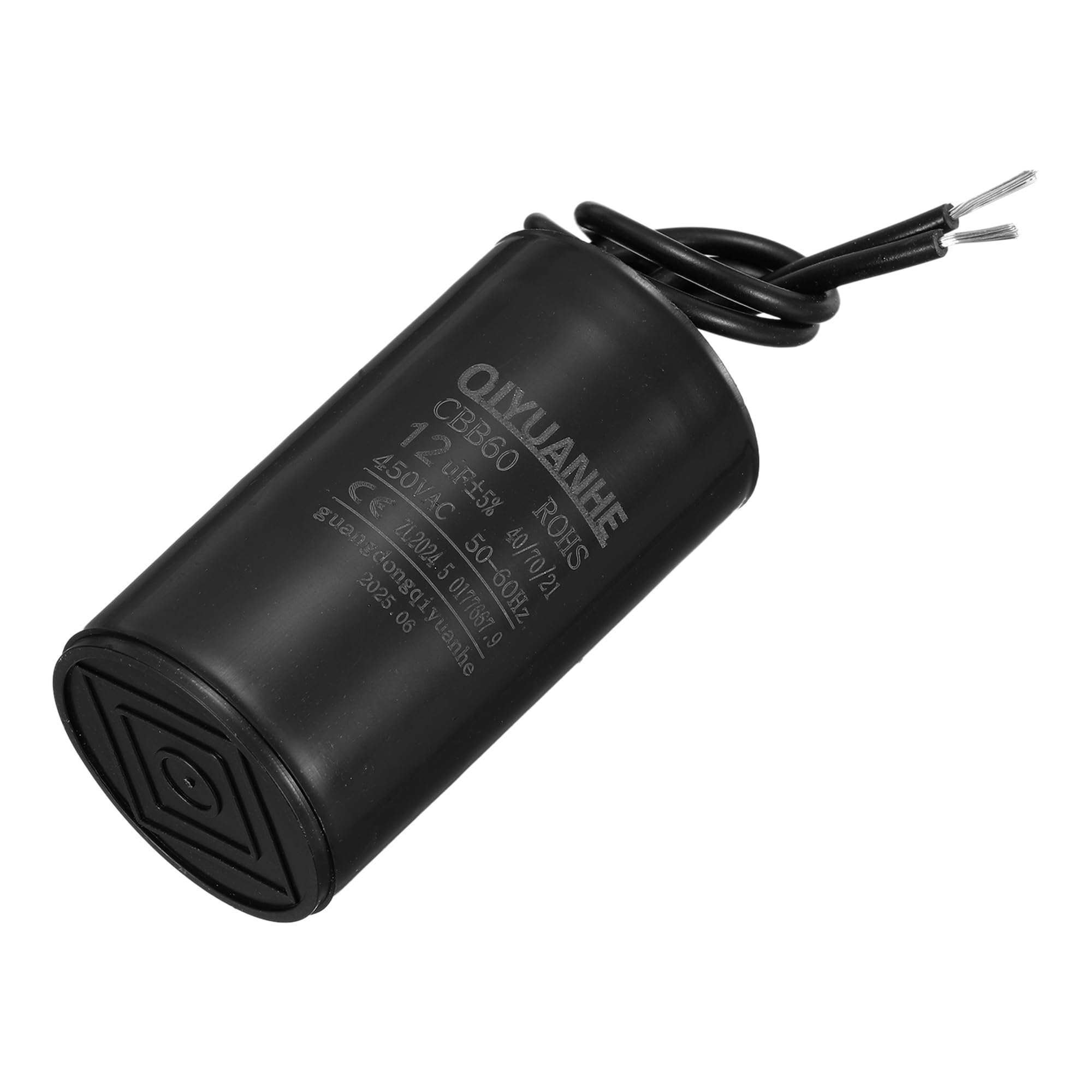 QUARKZMAN CBB60 kondensator roboczy 12uF 450 V AC, 2 przewody, 50/60 Hz, cylindryczny kondensator napędowy 34 x 60 mm, do sprężarki powietrza, pompa wodna, kolor czarny