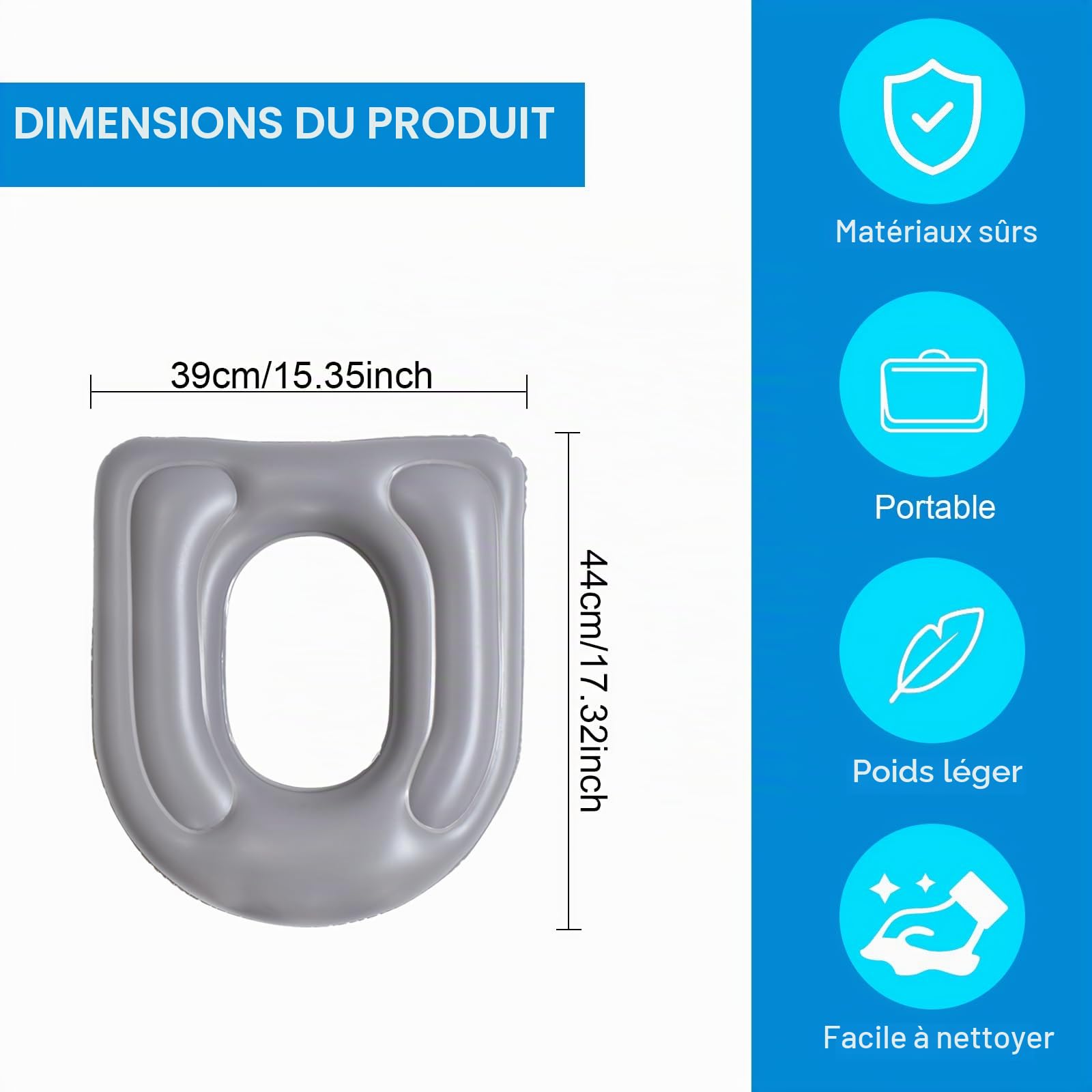 Coussin de Siège de Toilette Gonflable en PVC avec Ventouse, Réglable en Hauteur, Étanche et Confortable, Housse WC pour Adulte, Soulagement du Coccyx, Idéal Voyage et Convalescence