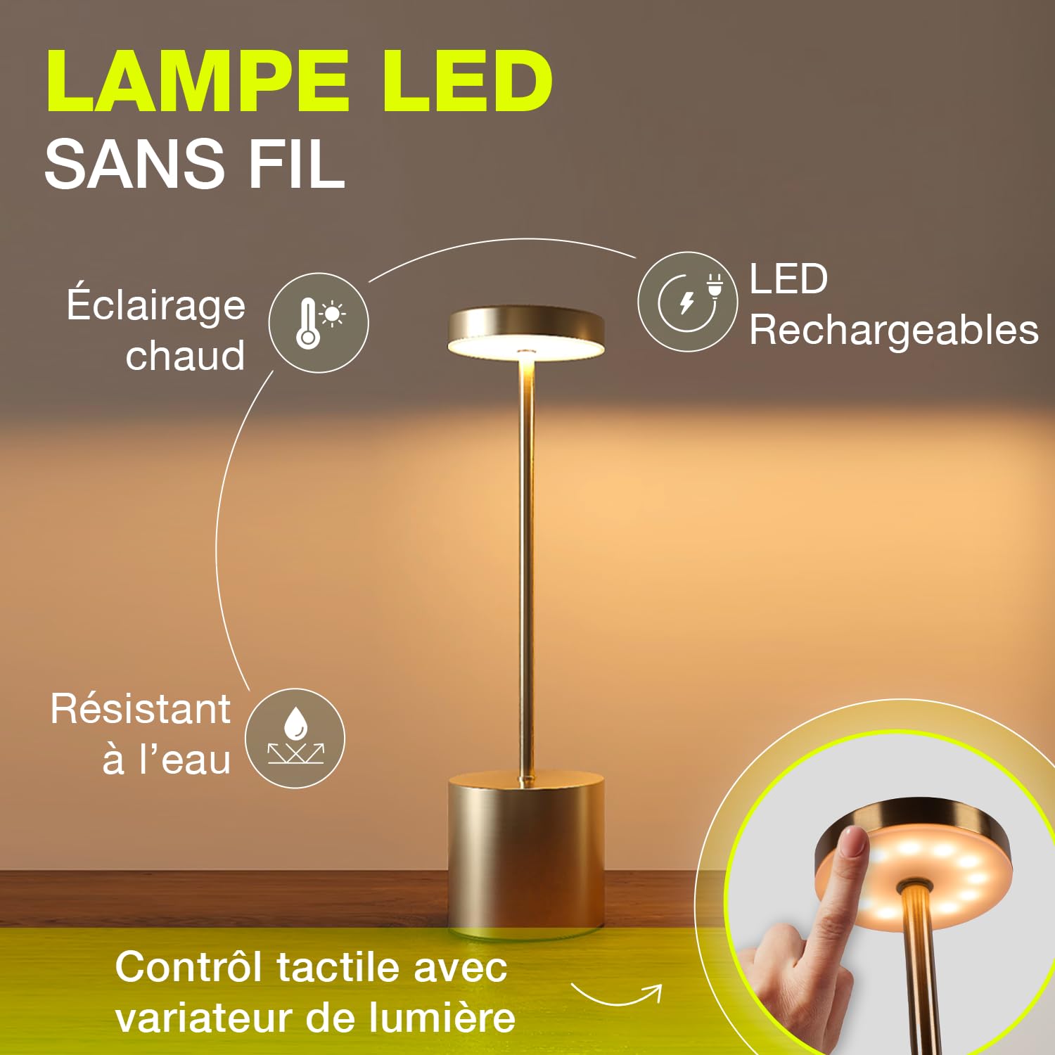 CATAVANA-Lot de 2 Lampes de table sans fil - Rechargeables LED pour Intérieur/Extérieur - Cable USB-C - Lampe Tactile avec Variateur - Design en Métal - Marque Française - Gold