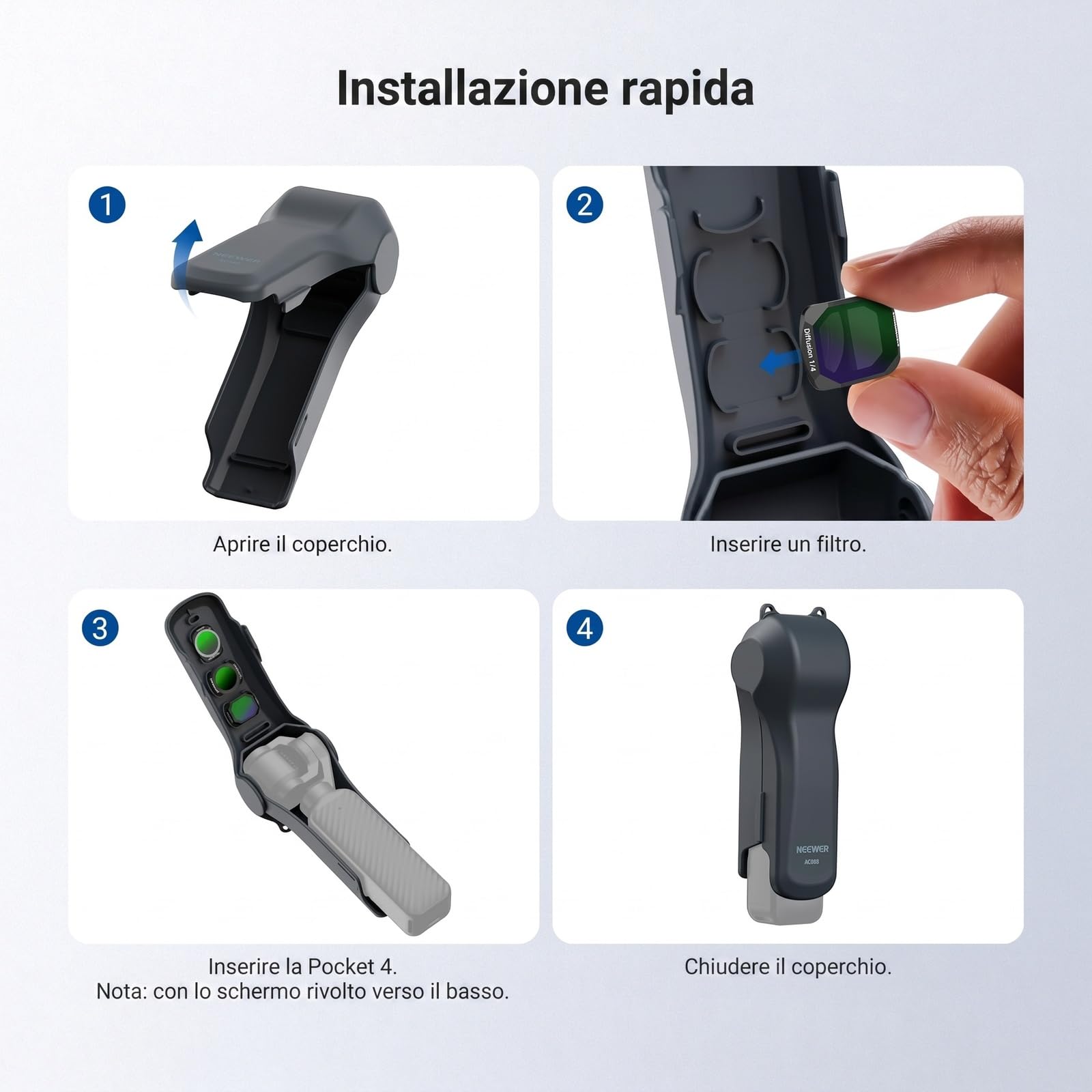 NEEWER Custodia Protettiva Compatibile con Pocket 4/3 & Xtra Muse, Cover da Viaggio con Scomparti per Filtri e Cinturino da Polso Creator Combo Accessori Action Cam, AC088 (Grigio Scuro)