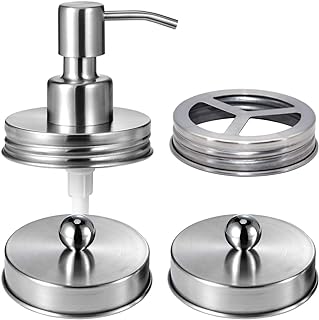 Mason Jar Bathroom Accessories Lids Set(4pcs) -Jars Not Included -Soap Dispenser,Toothbrush Holder,and Apothecary Jars Lids for Regular Mouth Mason Jars -Rustic Farmhouse Decor, Brushed Nickel