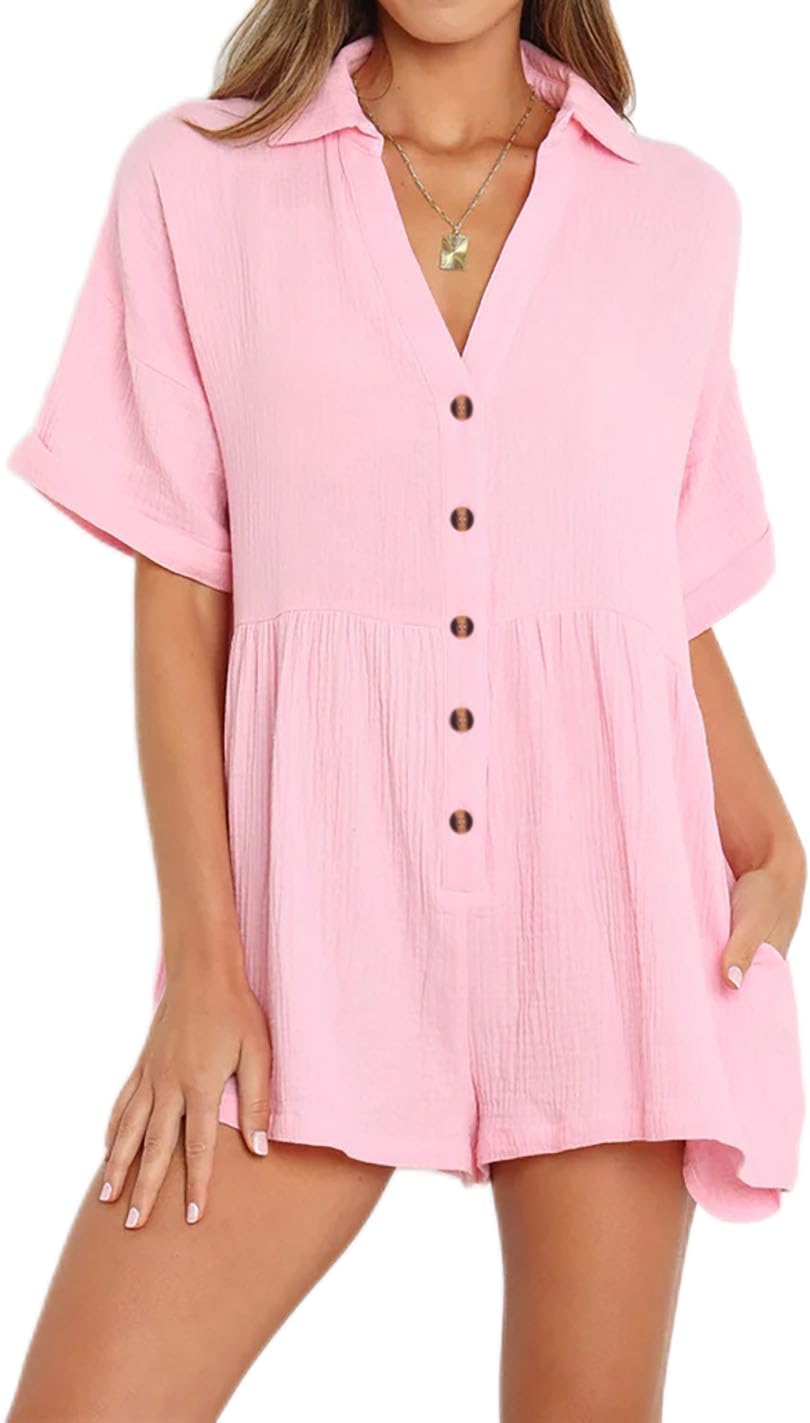 R.Vivimos Summer Jumpsuits for Women Casual Cotton V Neck Short Sleeve Button-Down Loose Fit Rompers with Pockets