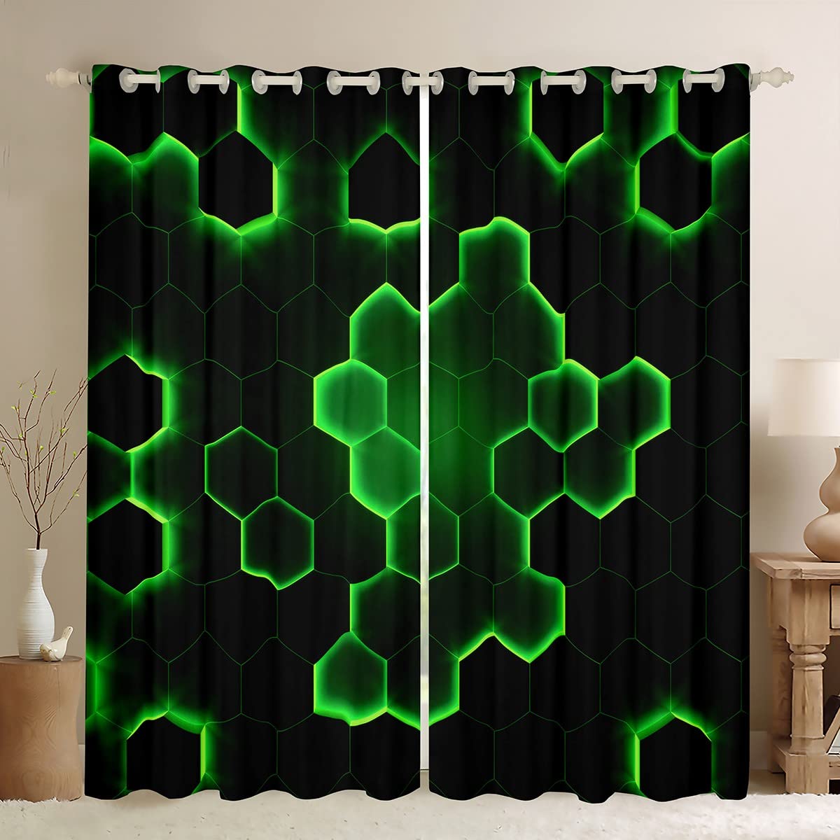 3D Honeycomb Curtains for Bedroom Green Hexagonal Window Treatment Beehive Window Drapes Abstract Soft Decor Window Draperies for Kids Boys Girls Adults W46*L72