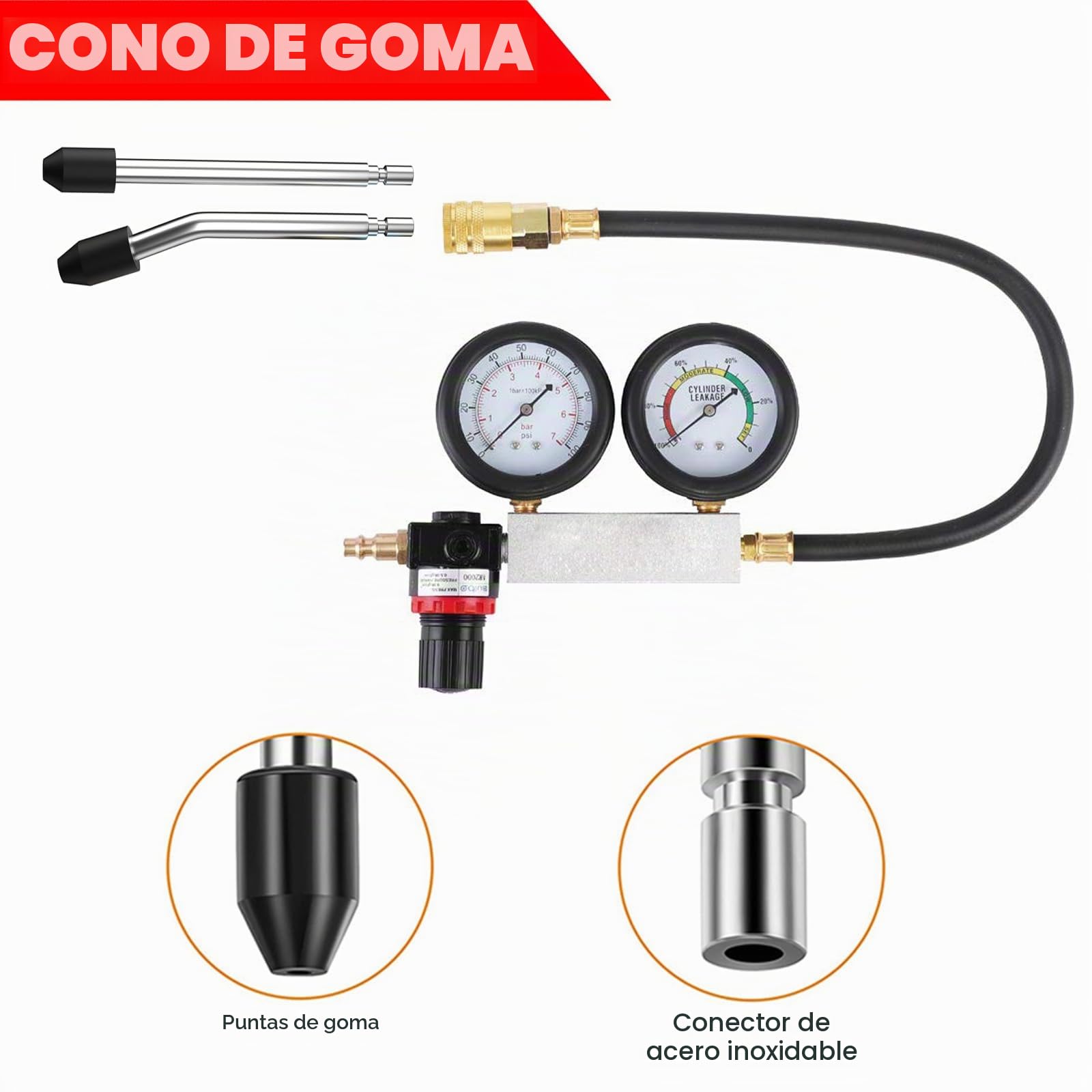 Kit de prueba de fugas en cilindros para motor a gasolina, con medidor de compresión y doble manómetro para verificar presión y tasa de fuga, incluye varilla de extensión