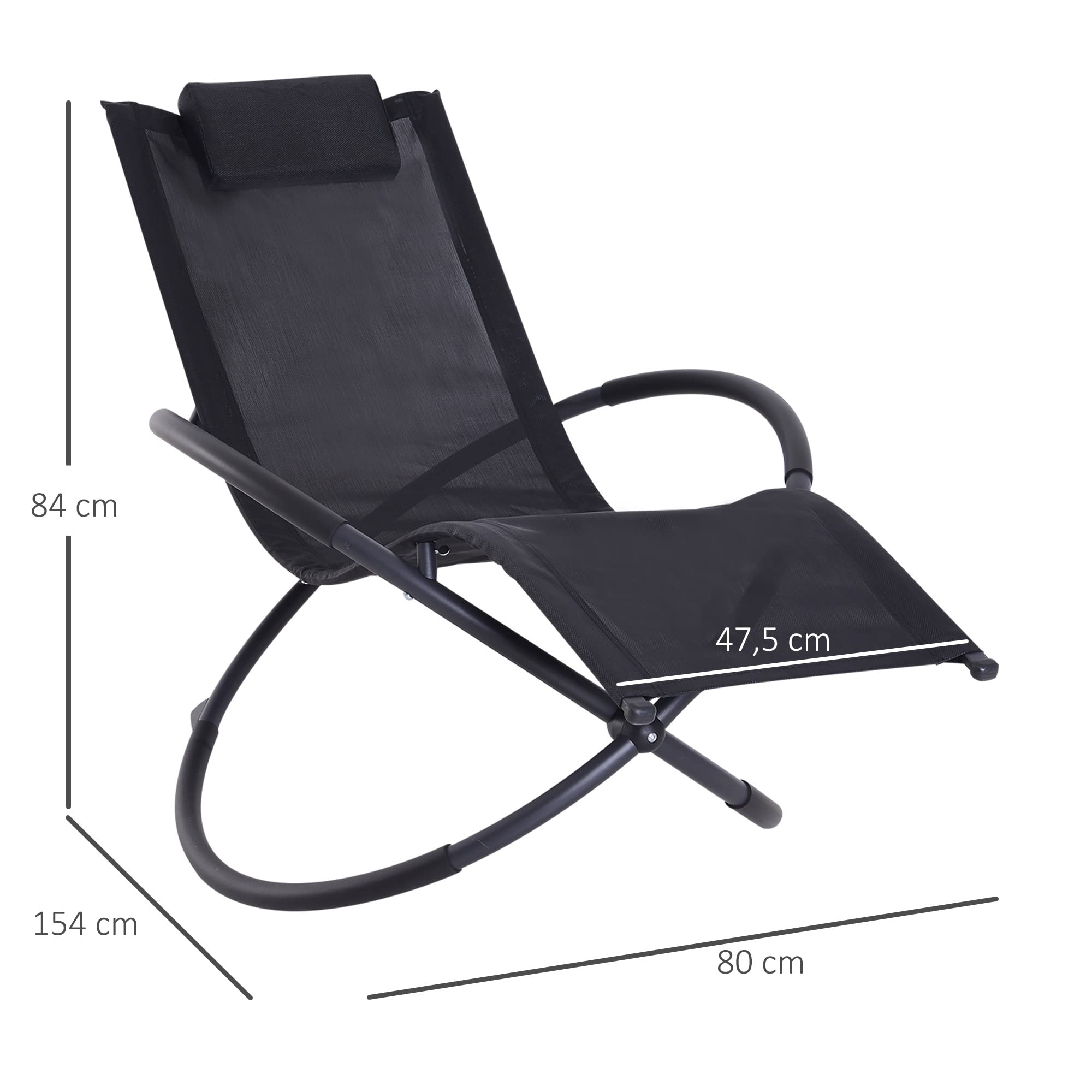 Outsunny Tumbona Mecedora de Jardín Plegable con Reposacabezas Extraíble Sillón Tumbona Ergonómica de Exterior Tela de Texteline para Patios Piscina al Aire Libre 154x80x84 cm Negro