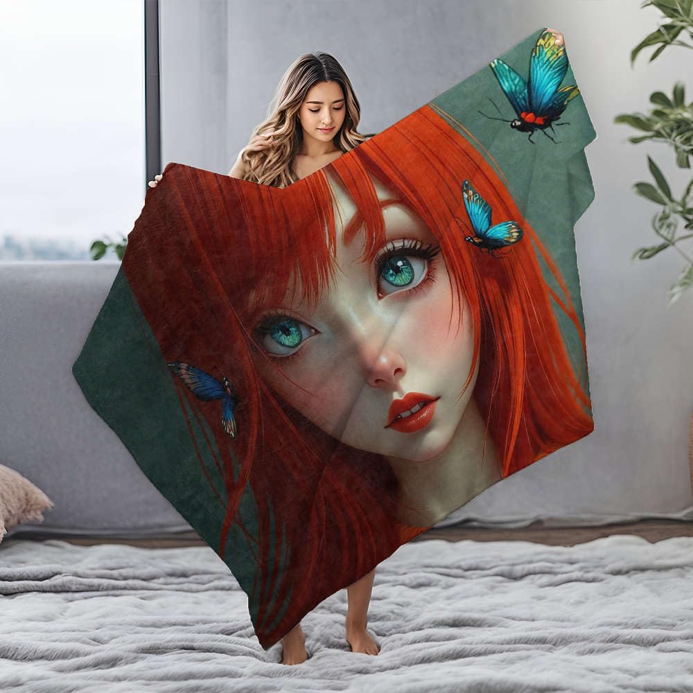 Couverture polaire fille rousse avec son sac cadeau de Pâques original 150x200 cm