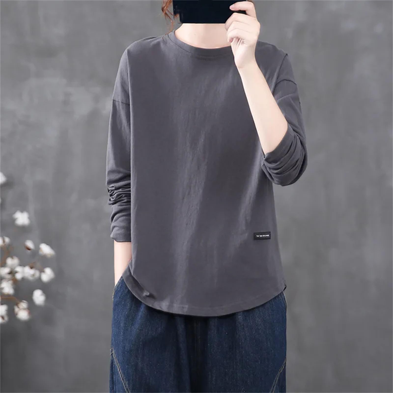 Camisetas de manga larga con cuello redondo y manga larga para mujer, color liso, holgadas