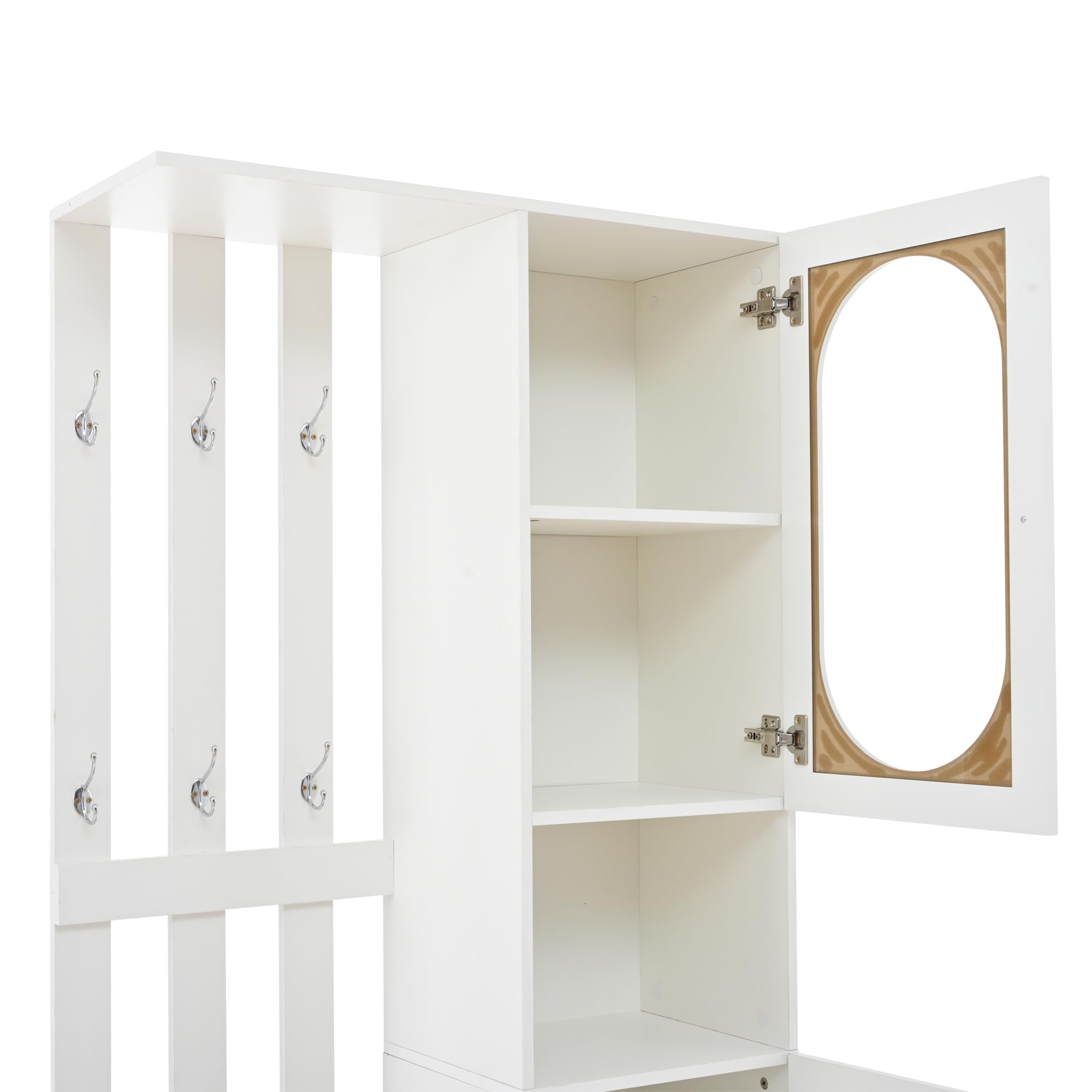 Merax Garderobenset Wandgarderobe, Kompaktgarderobe, Modern Flurgarderoben Set mit Schuhbank, Vitrine, Wandpaneelen, Kleiderhaken, Stylishe Garderobenständer für Flur Eingangsbereich, Flurmöbel, Weiß