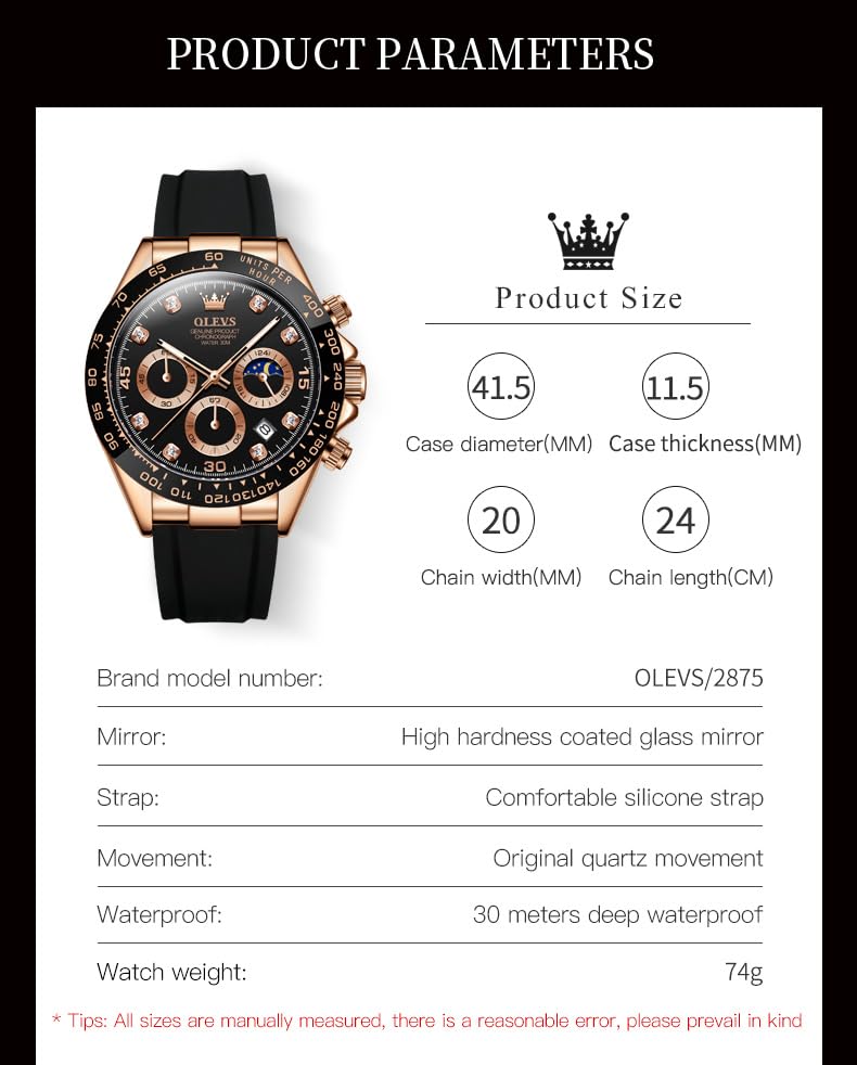 Image of OLEVS Watches for Men Business Diamond Moon Phase Male Watch Chronograph Fashion Dress Waterproof Date Analog Quartz Waterproof SiliconeMen Wrist Watch