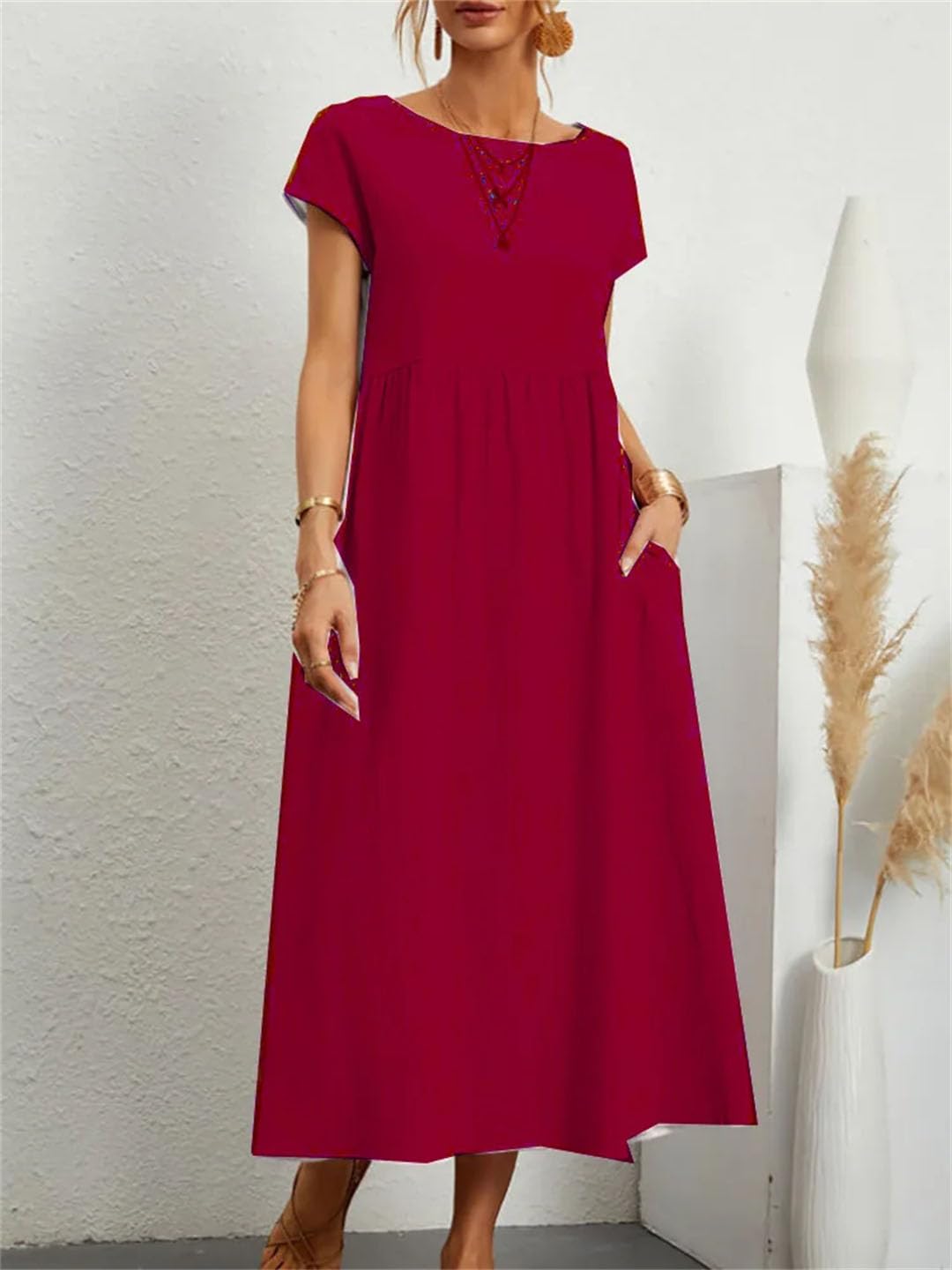 Damska sukienka midi w stylu vintage, z krótkim rękawem, bawełna i len, Harajuku, oversize, długa sukienka