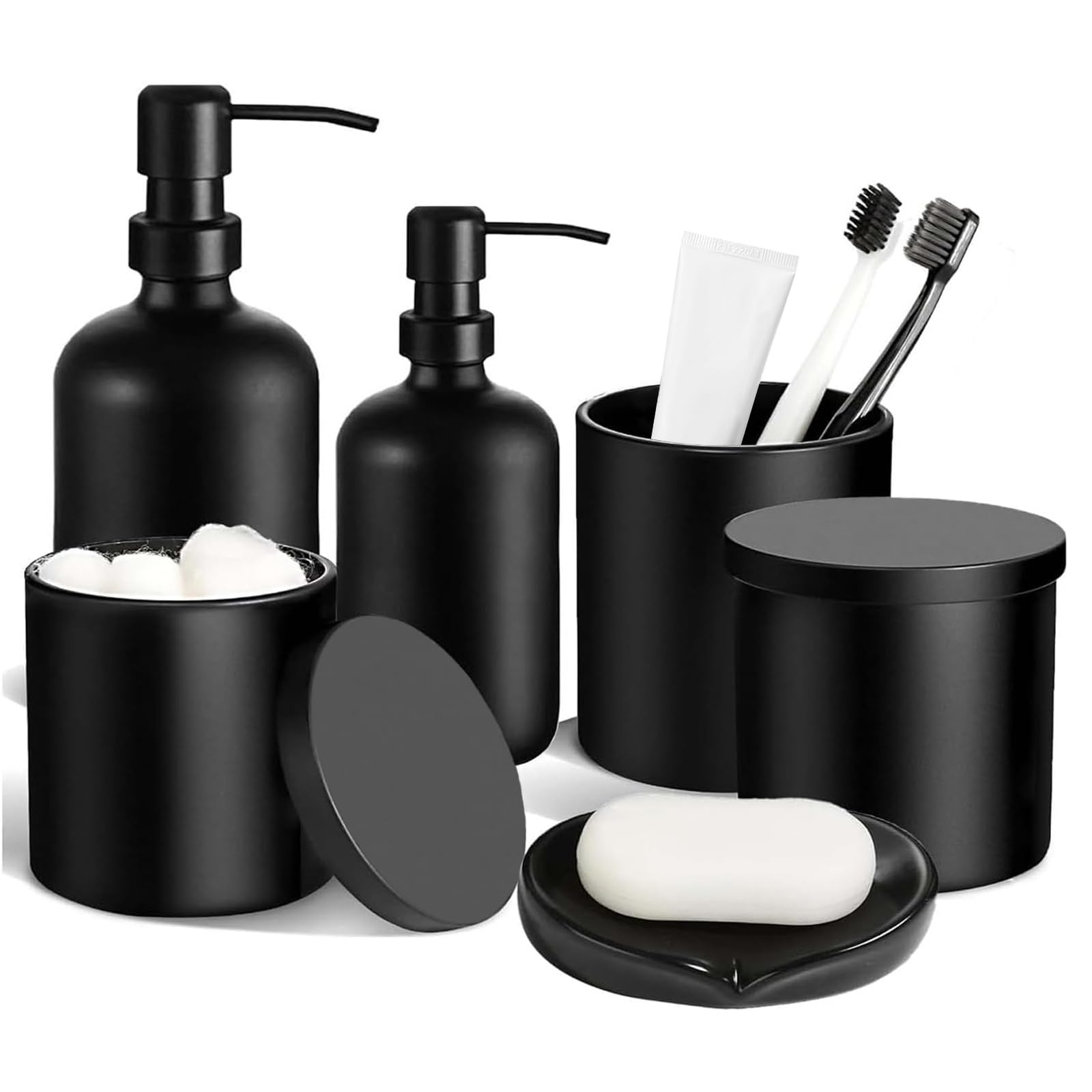Photo 1 of  Pcs Matte Black Bathroom Accessories Set, Modern Luxury Liquid Soap Dispenser & Toothbrush Holder, Farmhouse Vanity Organizer with Cotton Swab Dispenser, Soap Dish, Tumbler for Bathroom Decor