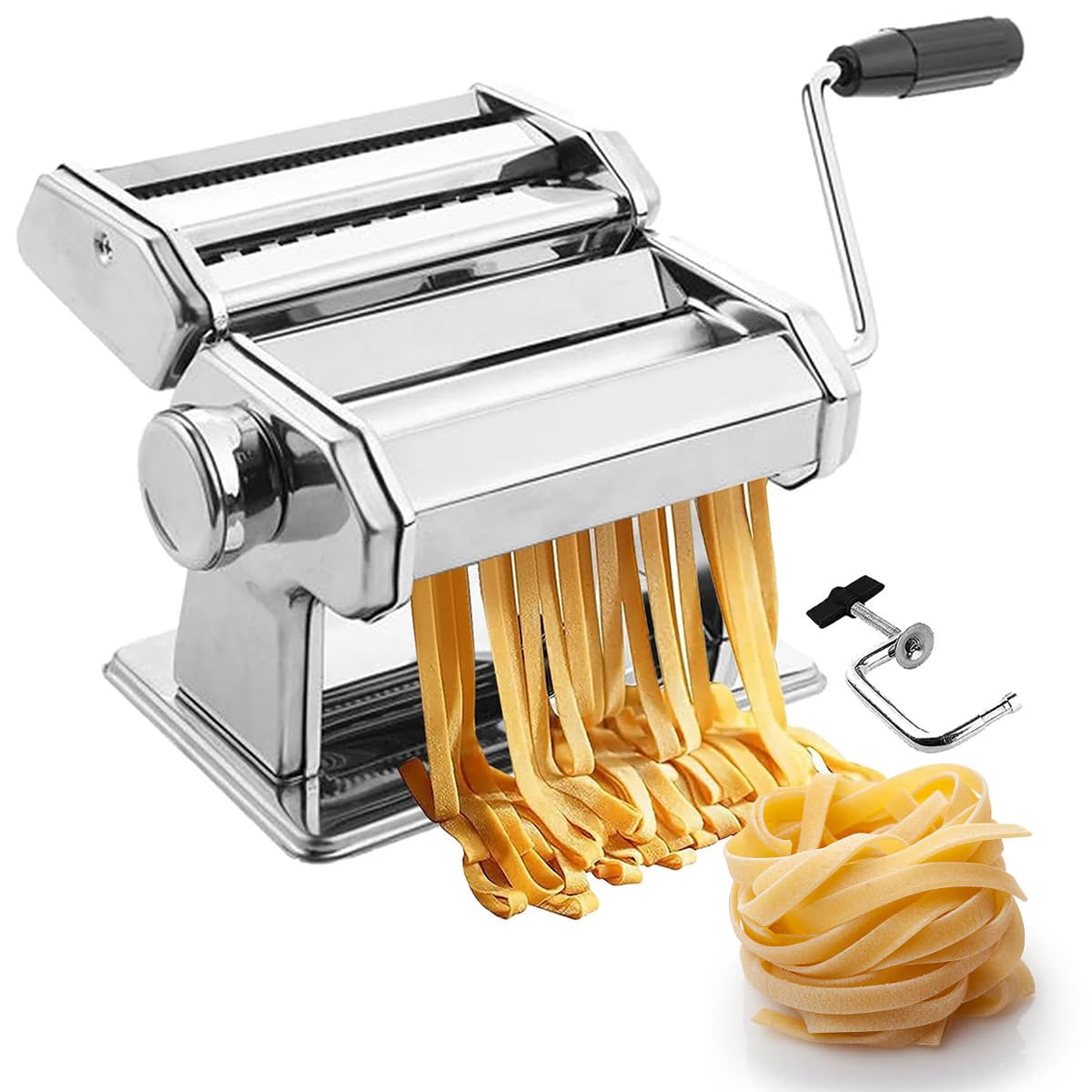 Maszyna do makaronu ze stali nierdzewnej 2 w 1, wałek do ciasta i nóż do cięcia, 9 grubości, lasagne, spaghetti, ravioli, antypoślizgowa podstawa, zacisk stołowy i akcesoria