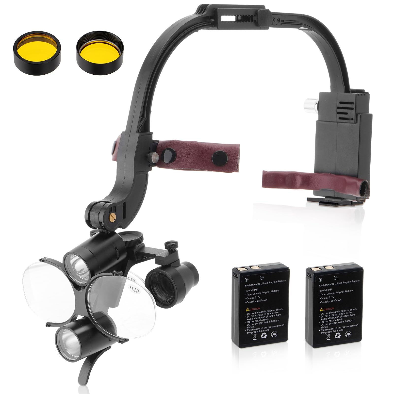 4E 4E'S USA Head-Mounted Dental Loupes with LED Headlamp 2.5X/3.5X Magnification, Dual Rechargeable Batteries & Ergnomic Design for Clear Vision and Comfortable Use Black