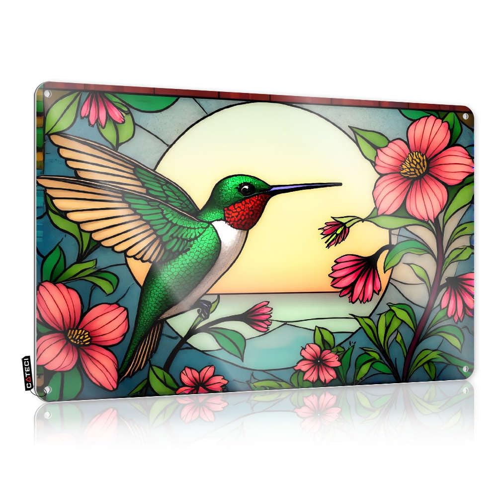 A Stained Glass Hummingbird Surrounded By Vibrant Flowers. Farmhouse Signs Decaor Decorative | Retro Gift For Doctor Hanging Art For Farmhouse Living Room(30X40CM)
