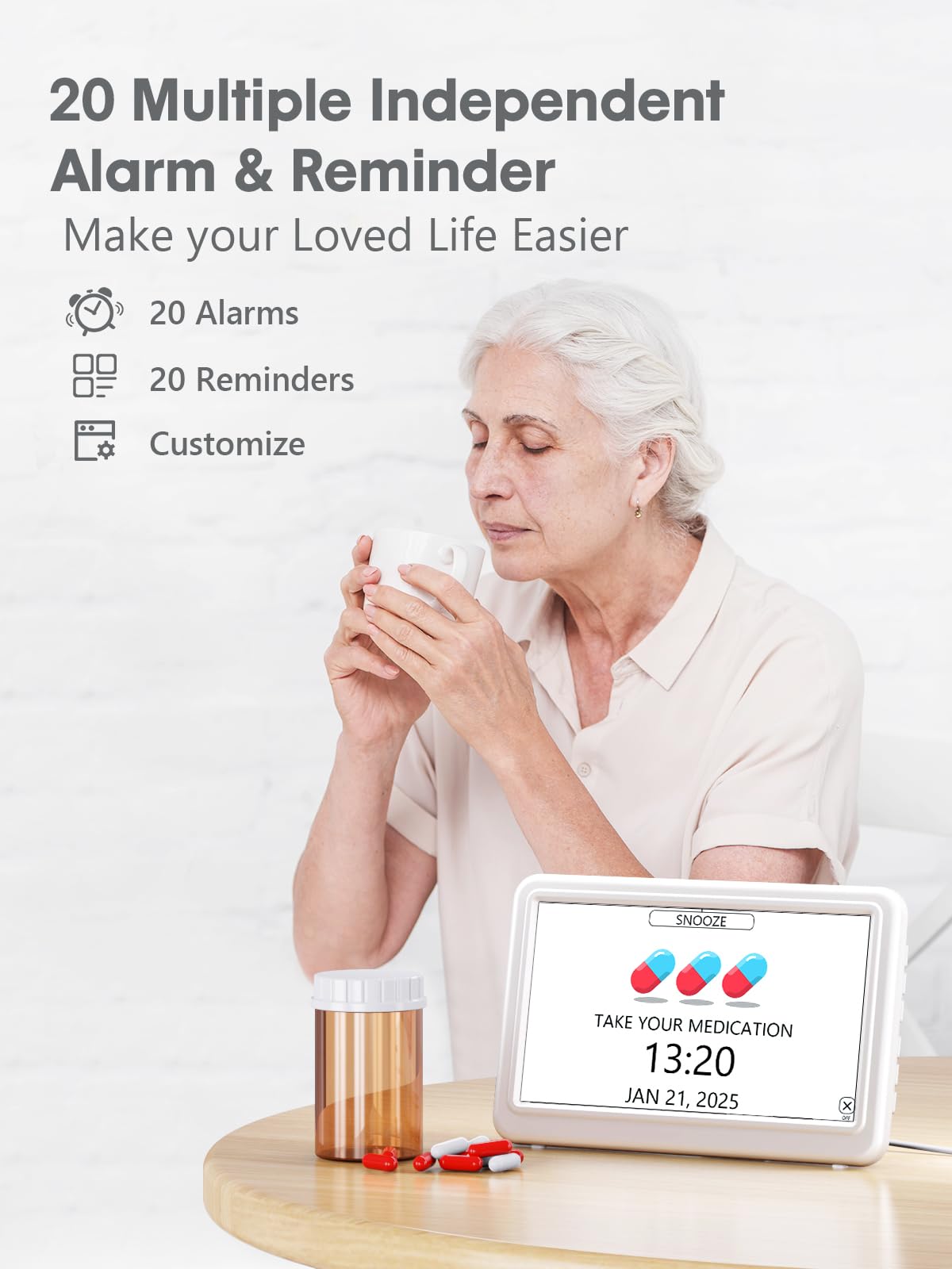 ROCAM Réveil Numérique 7", Calendrier Digital avec Date et Jour, 20 Alarmes & Rappels, Navigation Facile, Auto-DST, Horloge Numérique pour Personnes Âgées & Alzheimer, Grand Écran, 10Niveaux, 6 Langue