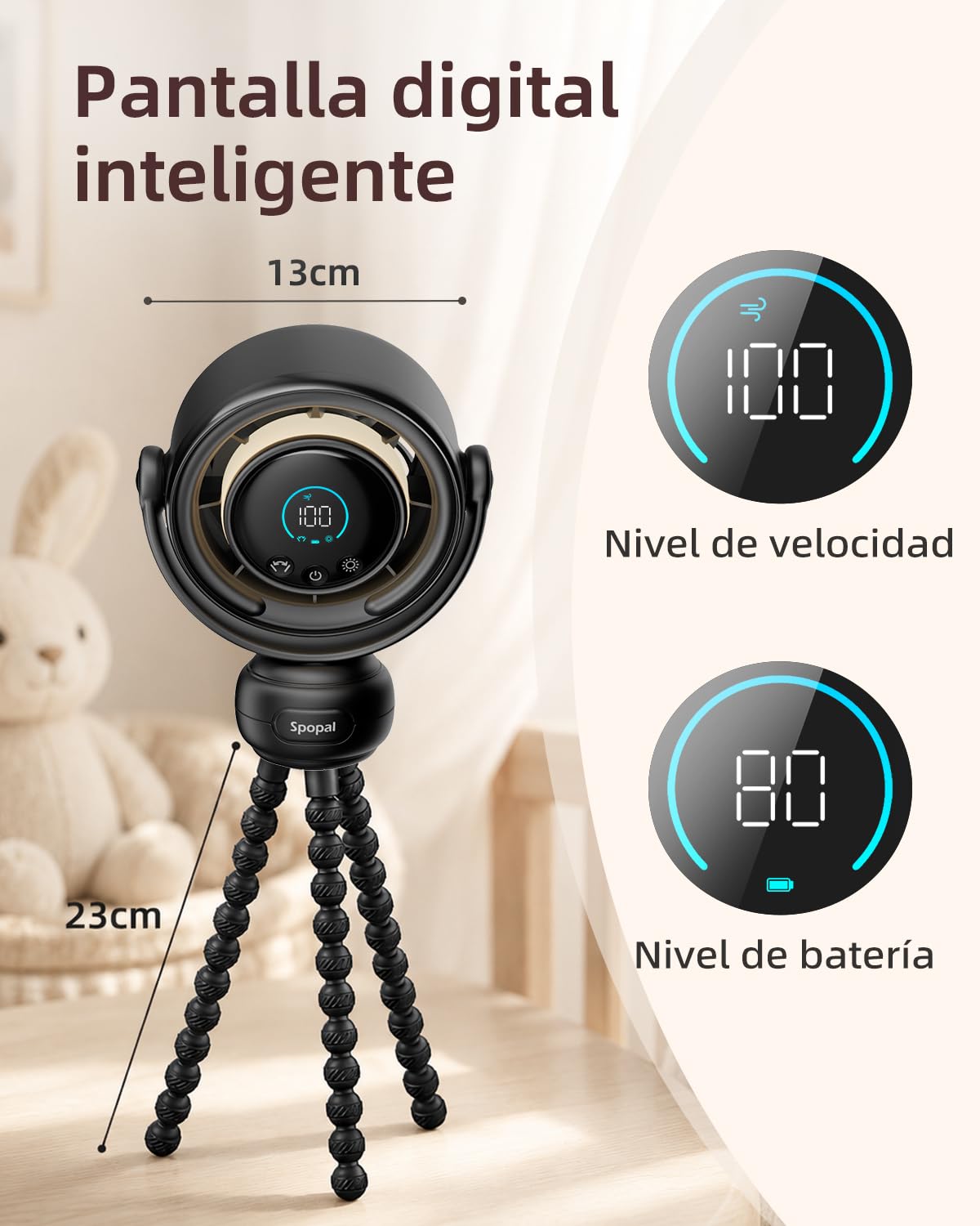 Spopal Ventilador Portátil Para Cochecito, Recargable Ventilador para Bebe | Luz Nocturna y Pantalla LED, 100 Velocidades, 3 Modos, 120°Rotación, 4000mAh, Portatil Ventilador Para Viajes, Cunas, Coche