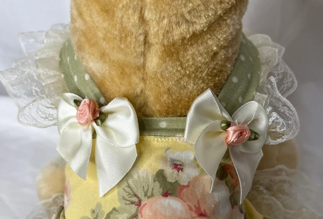 Pale Yellow Floral Dog Dress with Olive Green Polka Dot Straps, Cream Lace Trim, Shabby Chic Style, Small Dog (Large)