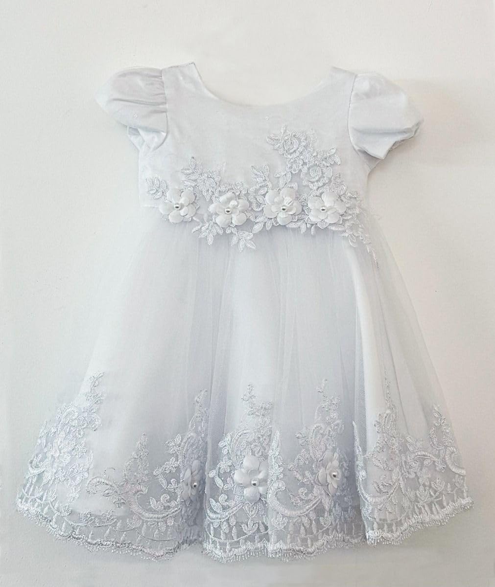 Vestido de Bautizo de Encaje Floral Blanco para niñas pequeñas: Vestido de Tul con Mangas Cortas, de 0 a 24 Meses