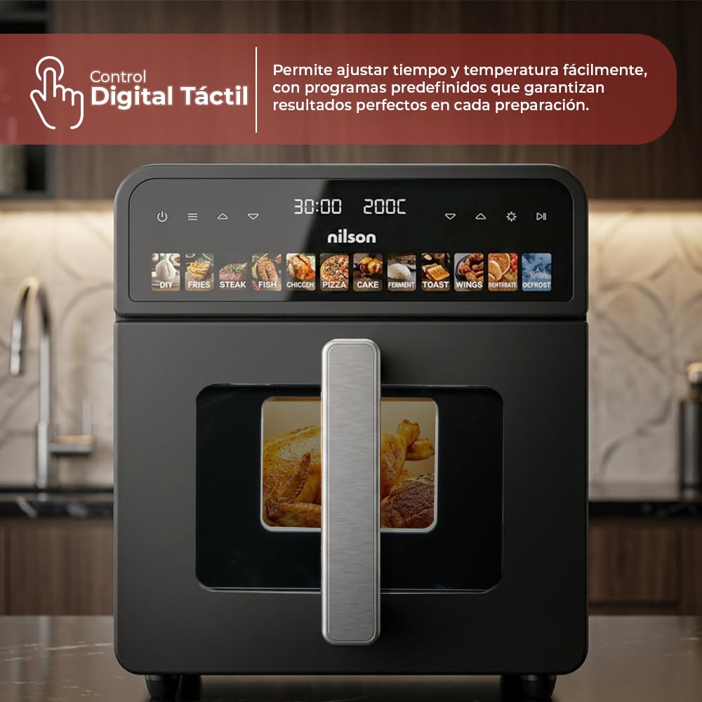 Freidora de Aire sin Aceite 10 Litros, Air Fryer NAF1000CXD, 1700 W, 35-230º C, Display LED, 12 Programas, Cesta Interior Antiaherente, Ventana de Visualización, Doble Resistencia