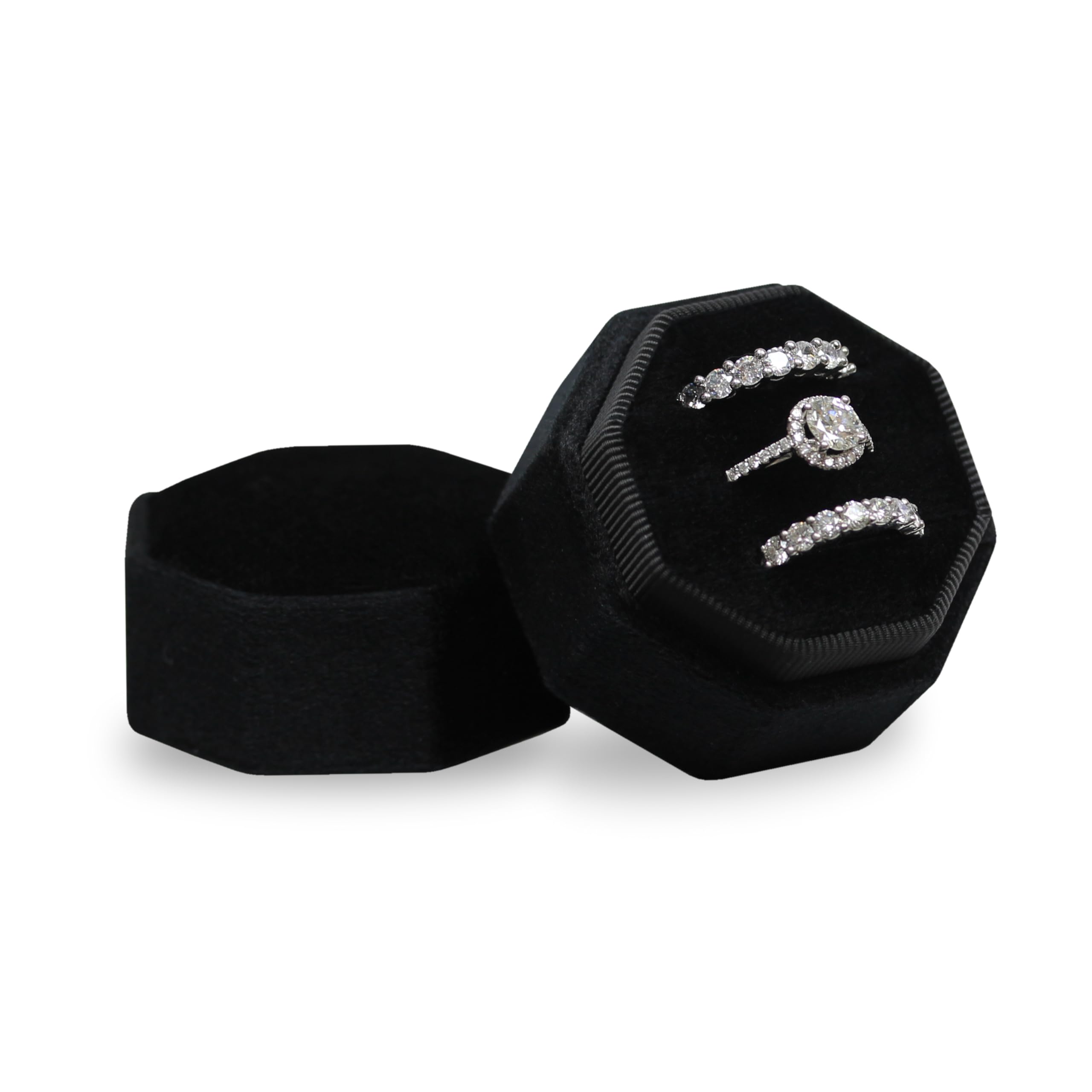 BLUTETEBLUTETE Velvet 3 Slots Jewelry Ring Box Engagement Wedding Box Keepsake Box Bridal Photo Ring Triple Slots Octagon (Black)