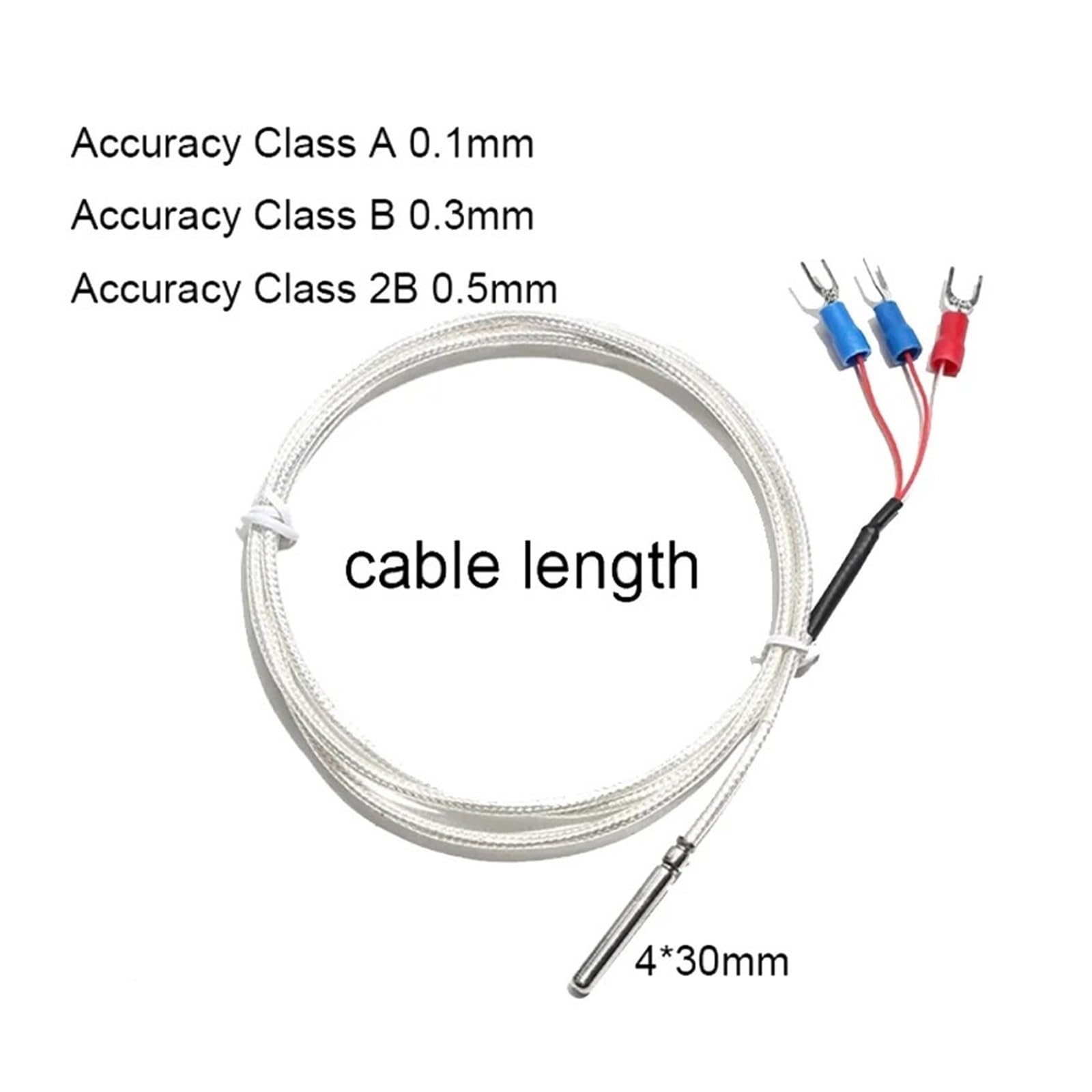 Termistor de sonda de medición de temperatura PT100 termopar 4x30MM con conector de 3 terminales Cable PTFE 1M 2M 3 4 5M(5M Cable Length,B Level 0.3mm)